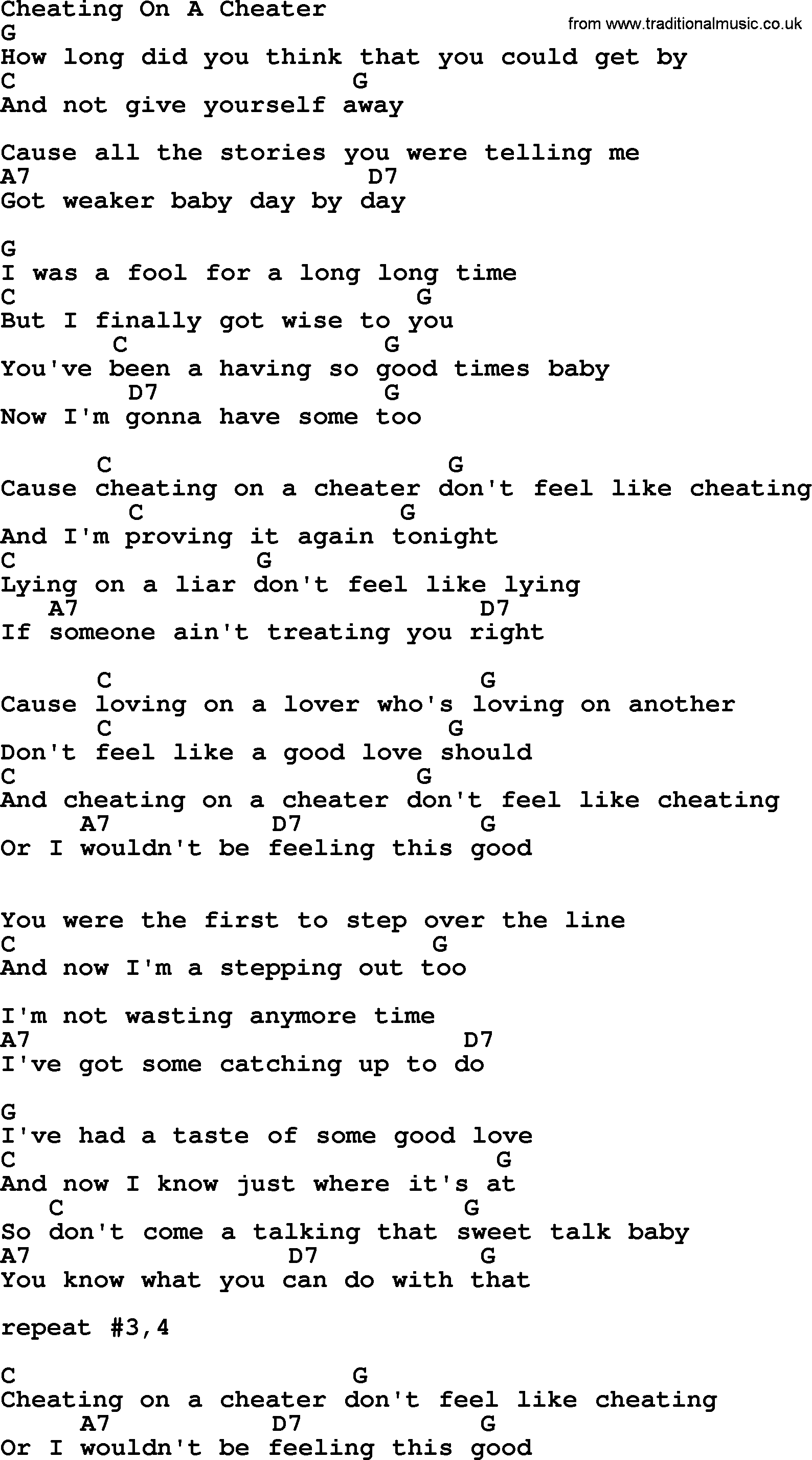 Loretta Lynn song: Cheating On A Cheater lyrics and chords