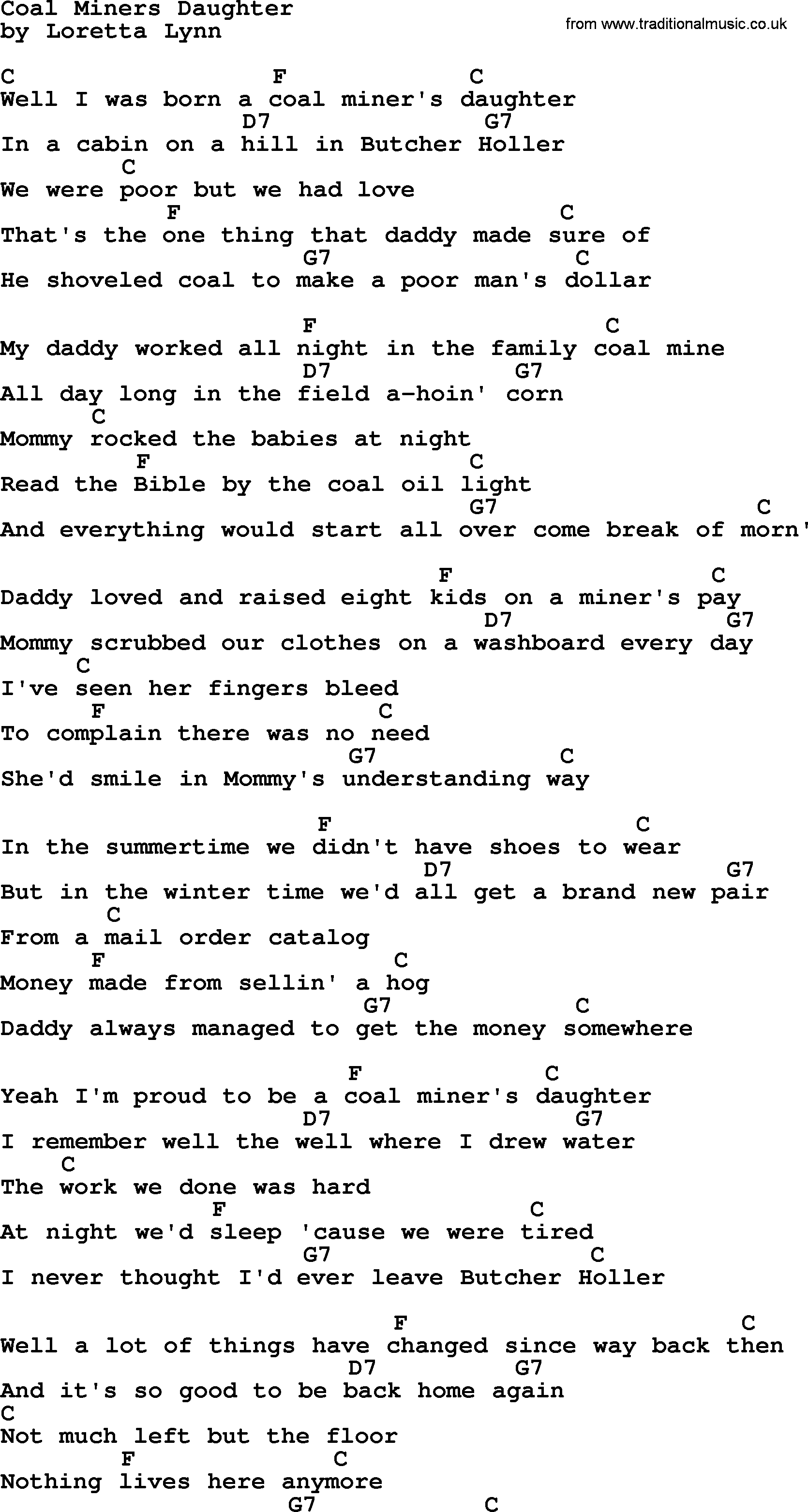Loretta Lynn song: Coal Miners Daughter lyrics and chords