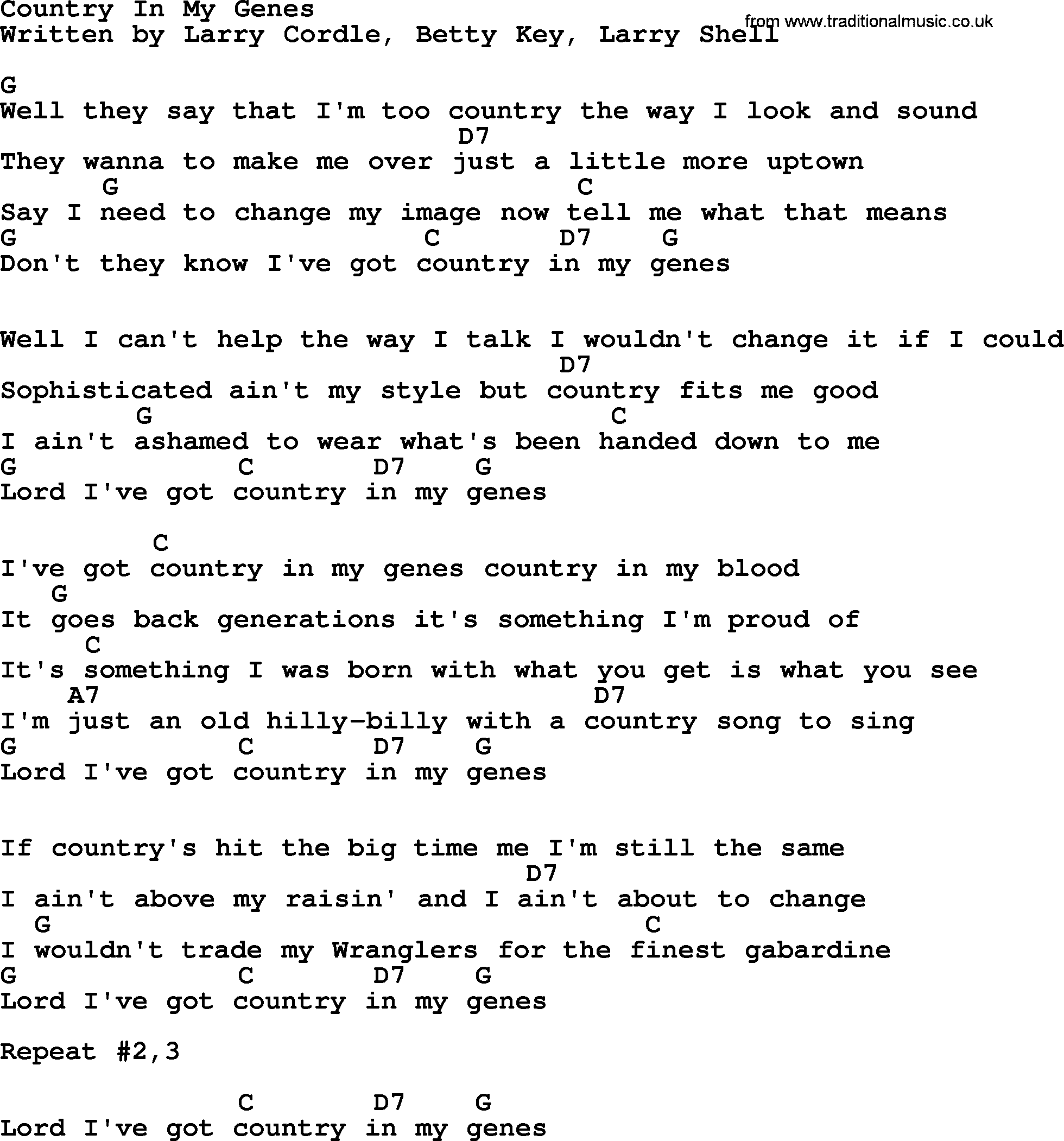 Loretta Lynn song: Country In My Genes lyrics and chords