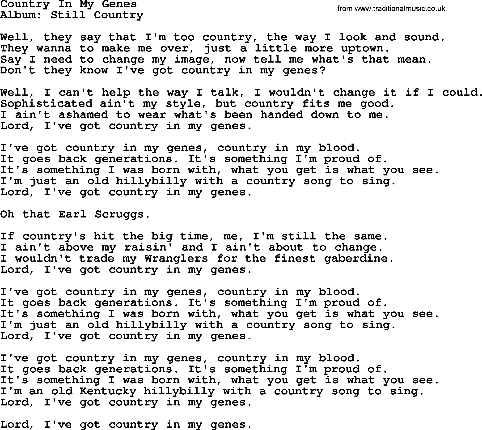 Loretta Lynn song: Country In My Genes lyrics