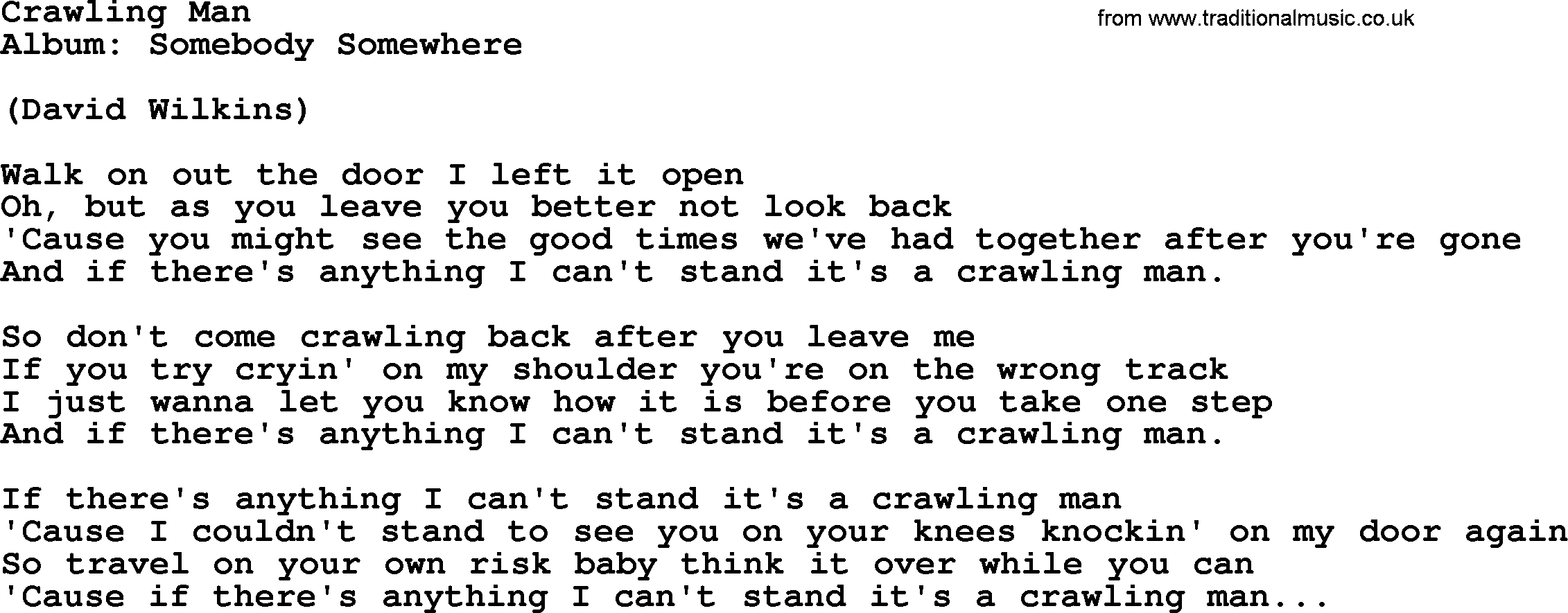 Loretta Lynn song: Crawling Man lyrics