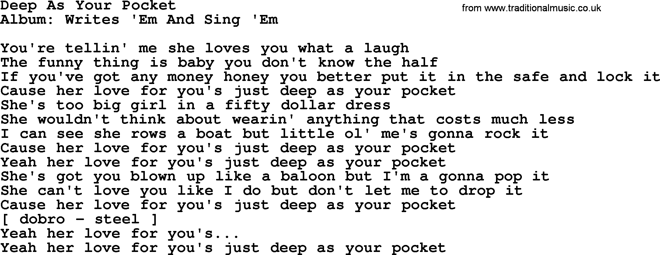 Loretta Lynn song: Deep As Your Pocket lyrics