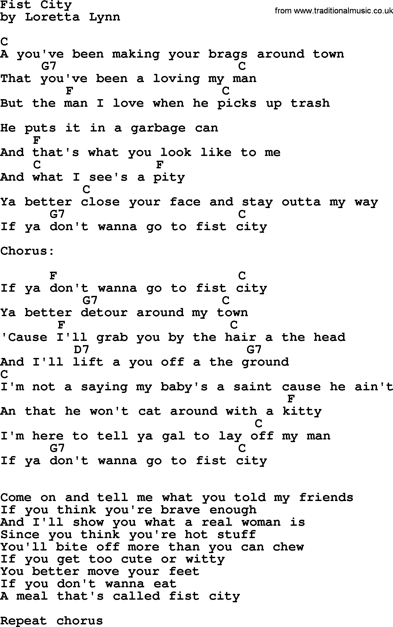 Loretta Lynn song: Fist City lyrics and chords