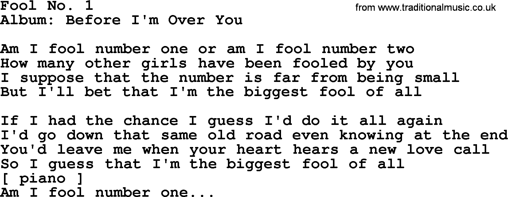 Loretta Lynn song: Fool No. 1 lyrics