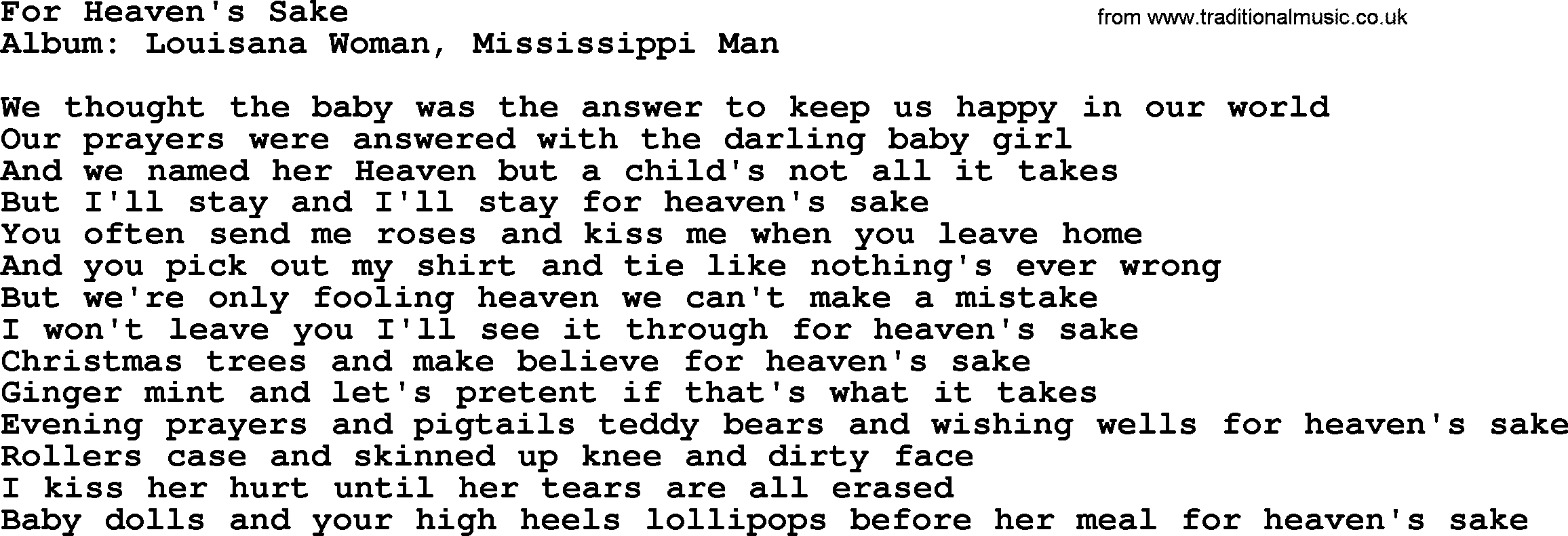 Loretta Lynn song: For Heaven's Sake lyrics