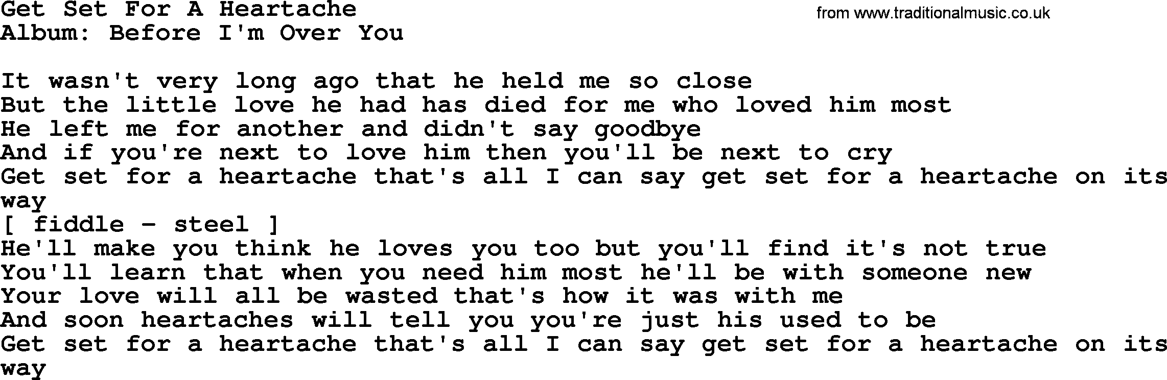 Loretta Lynn song: Get Set For A Heartache lyrics