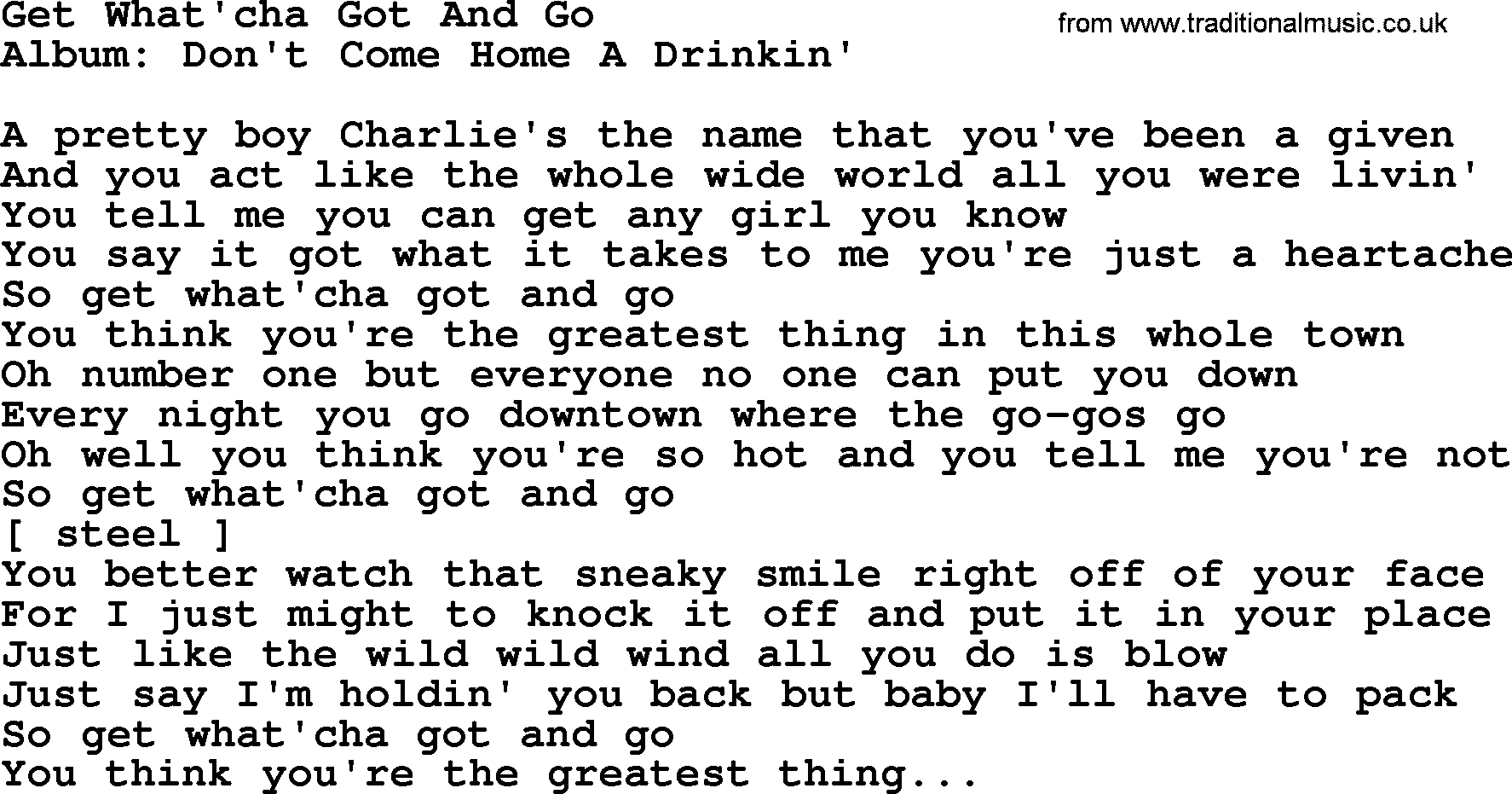Loretta Lynn song: Get What'cha Got And Go lyrics