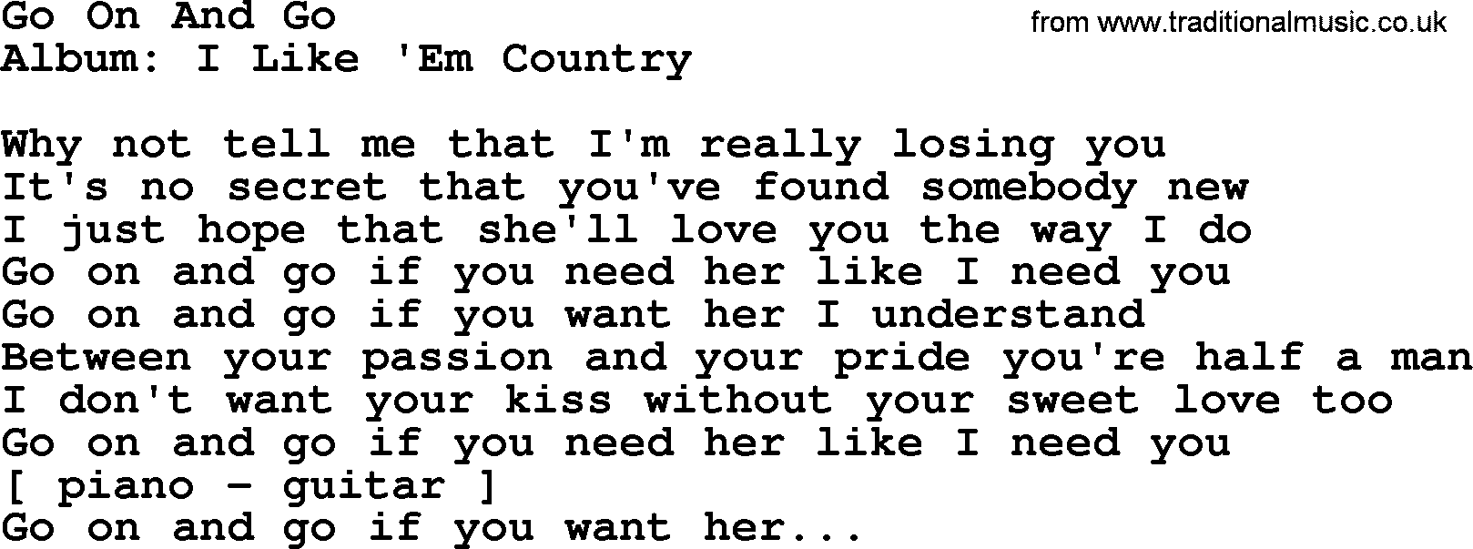 Loretta Lynn song: Go On And Go lyrics