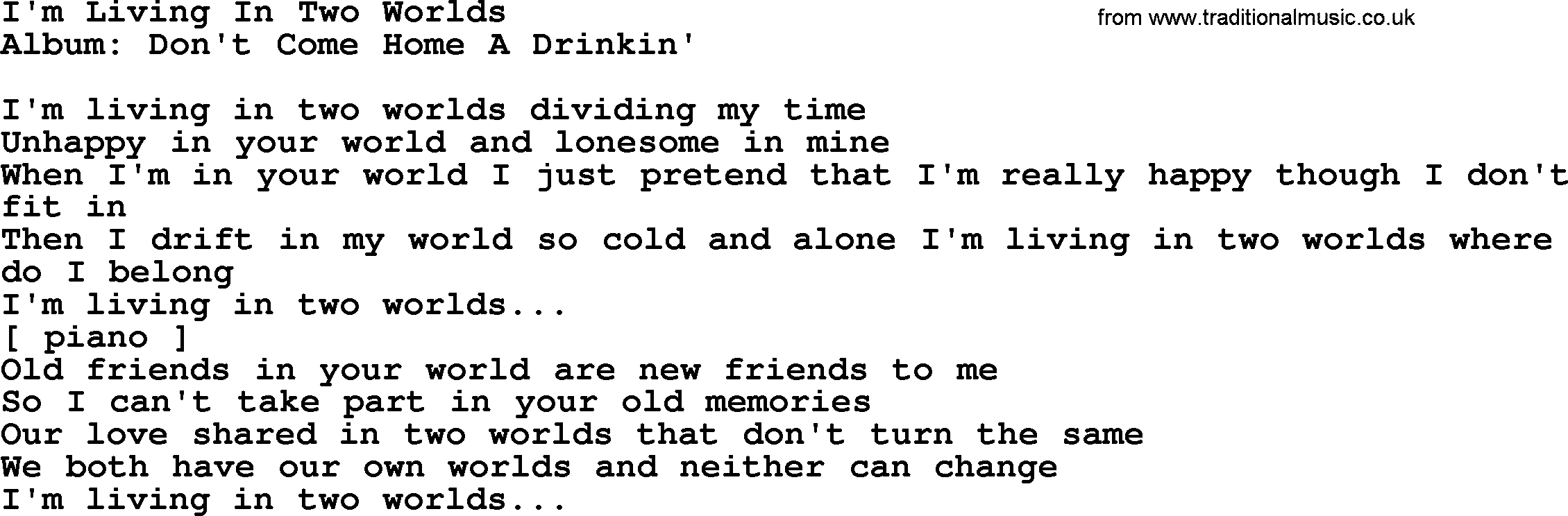 Loretta Lynn song: I'm Living In Two Worlds lyrics