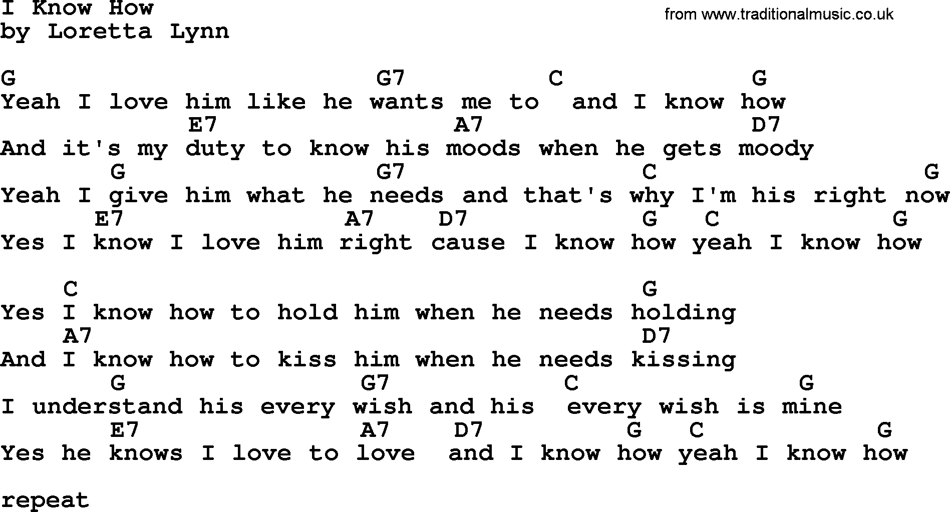 Loretta Lynn song: I Know How lyrics and chords