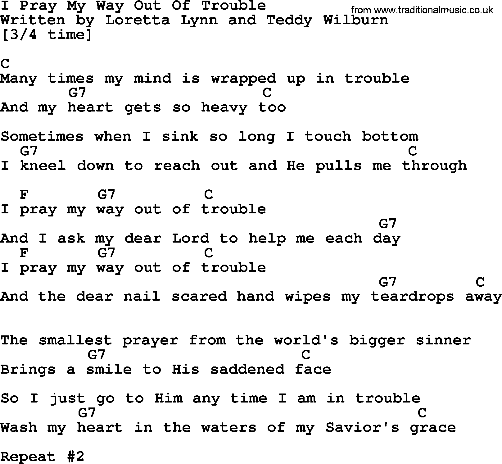 Loretta Lynn song: I Pray My Way Out Of Trouble lyrics and chords