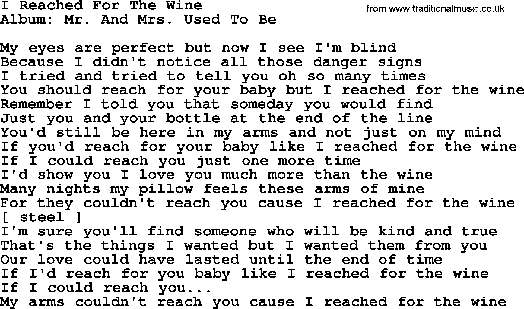 Loretta Lynn song: I Reached For The Wine lyrics