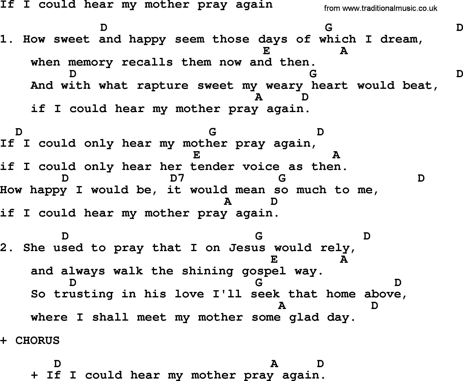 Loretta Lynn song: If I Could Hear My Mother Pray Again lyrics and chords