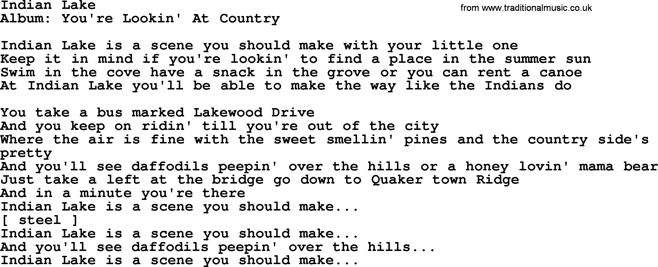 Loretta Lynn song: Indian Lake lyrics