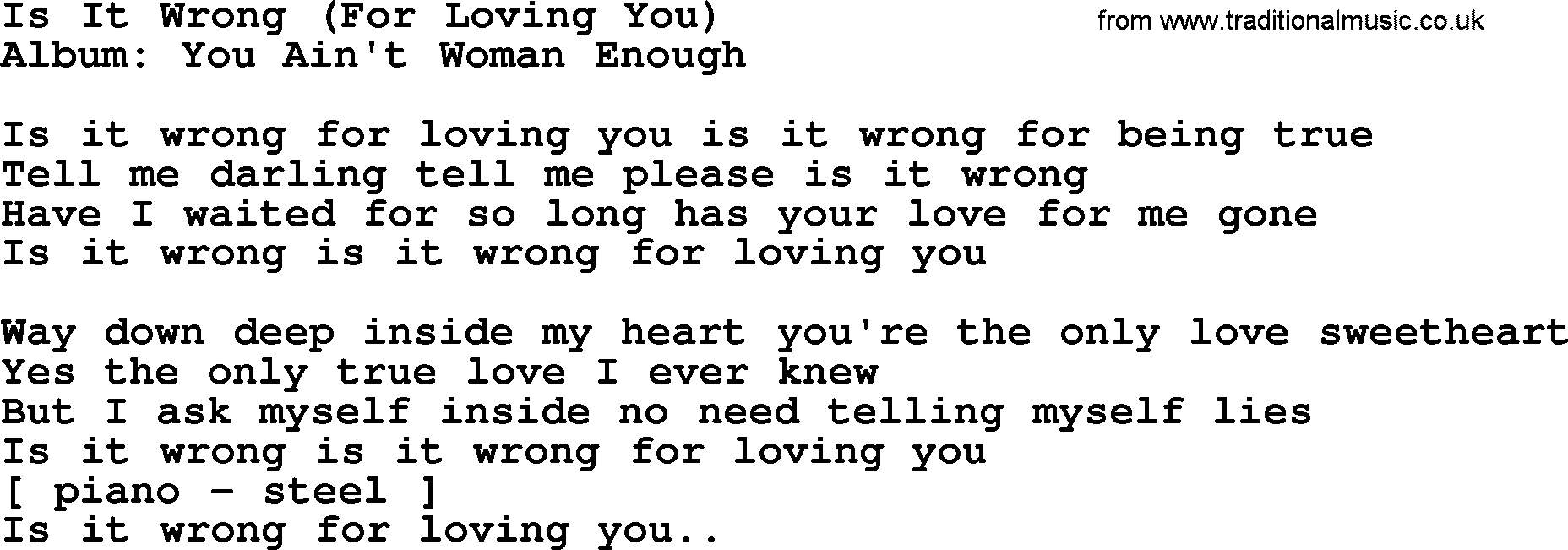 Loretta Lynn song: Is It Wrong (For Loving You) lyrics