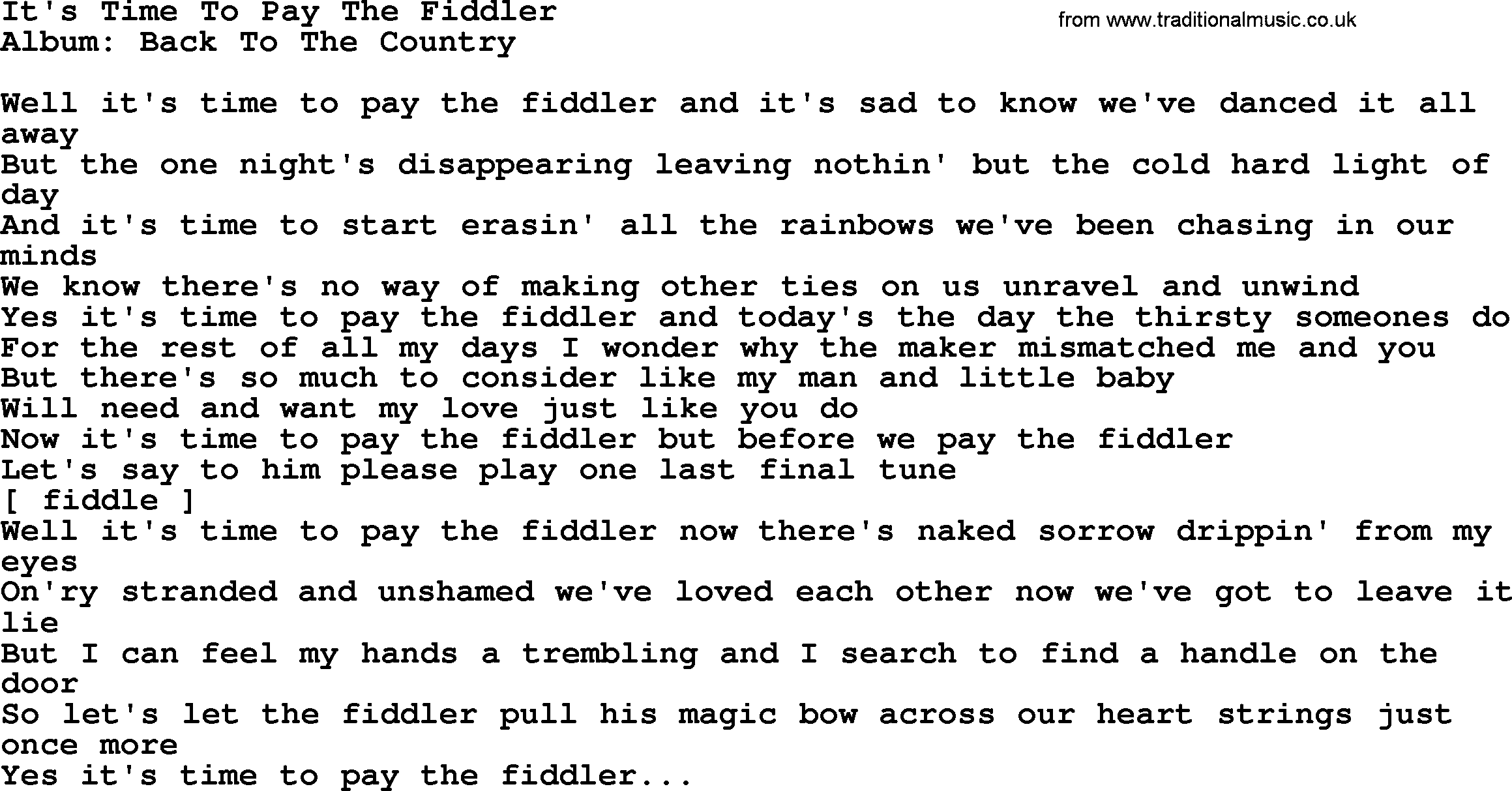 Loretta Lynn song: It's Time To Pay The Fiddler lyrics