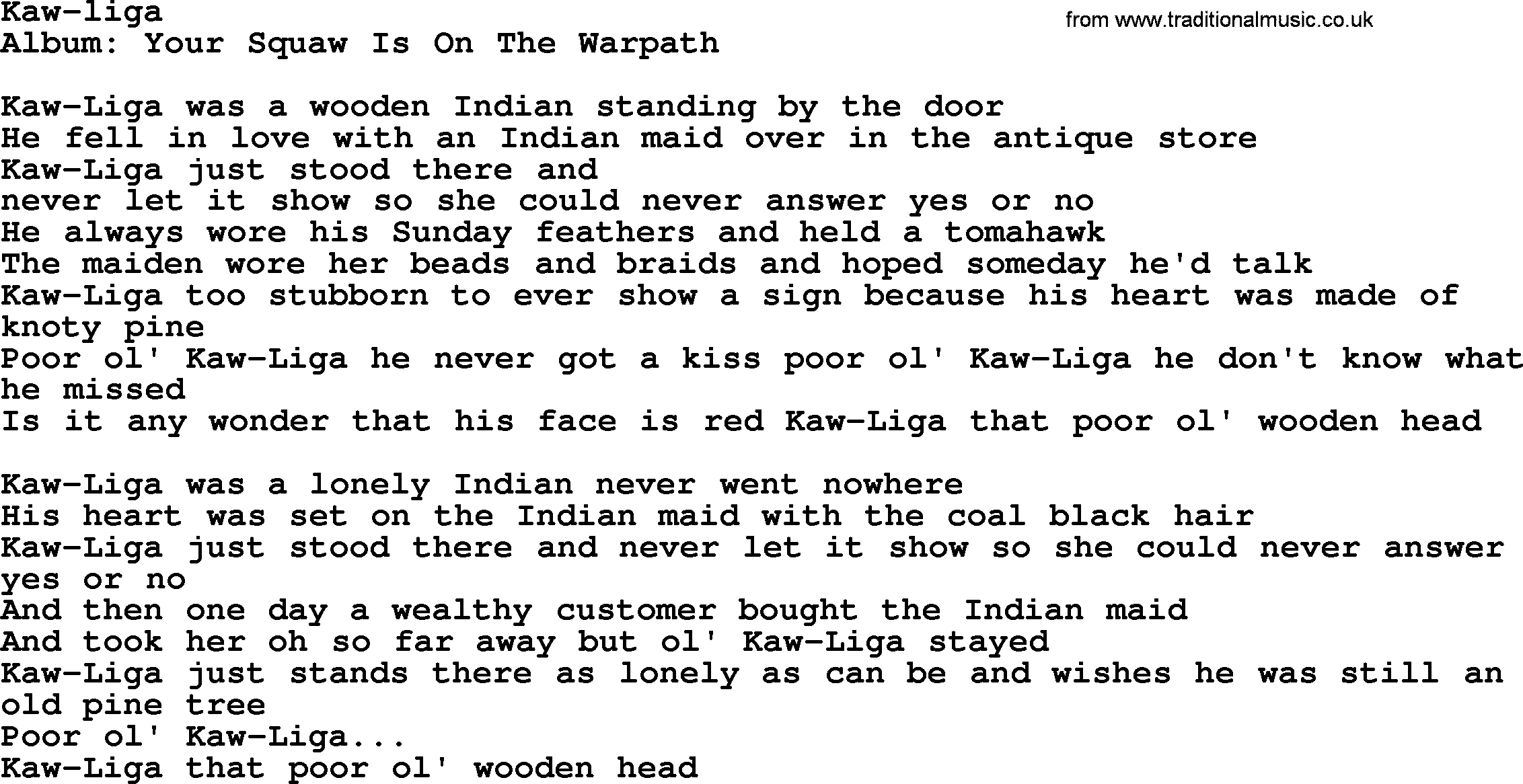 Loretta Lynn song: Kaw-liga lyrics