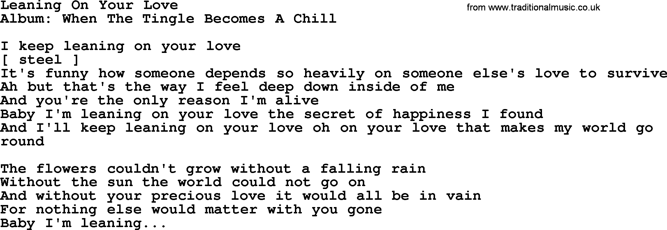 Loretta Lynn song: Leaning On Your Love lyrics