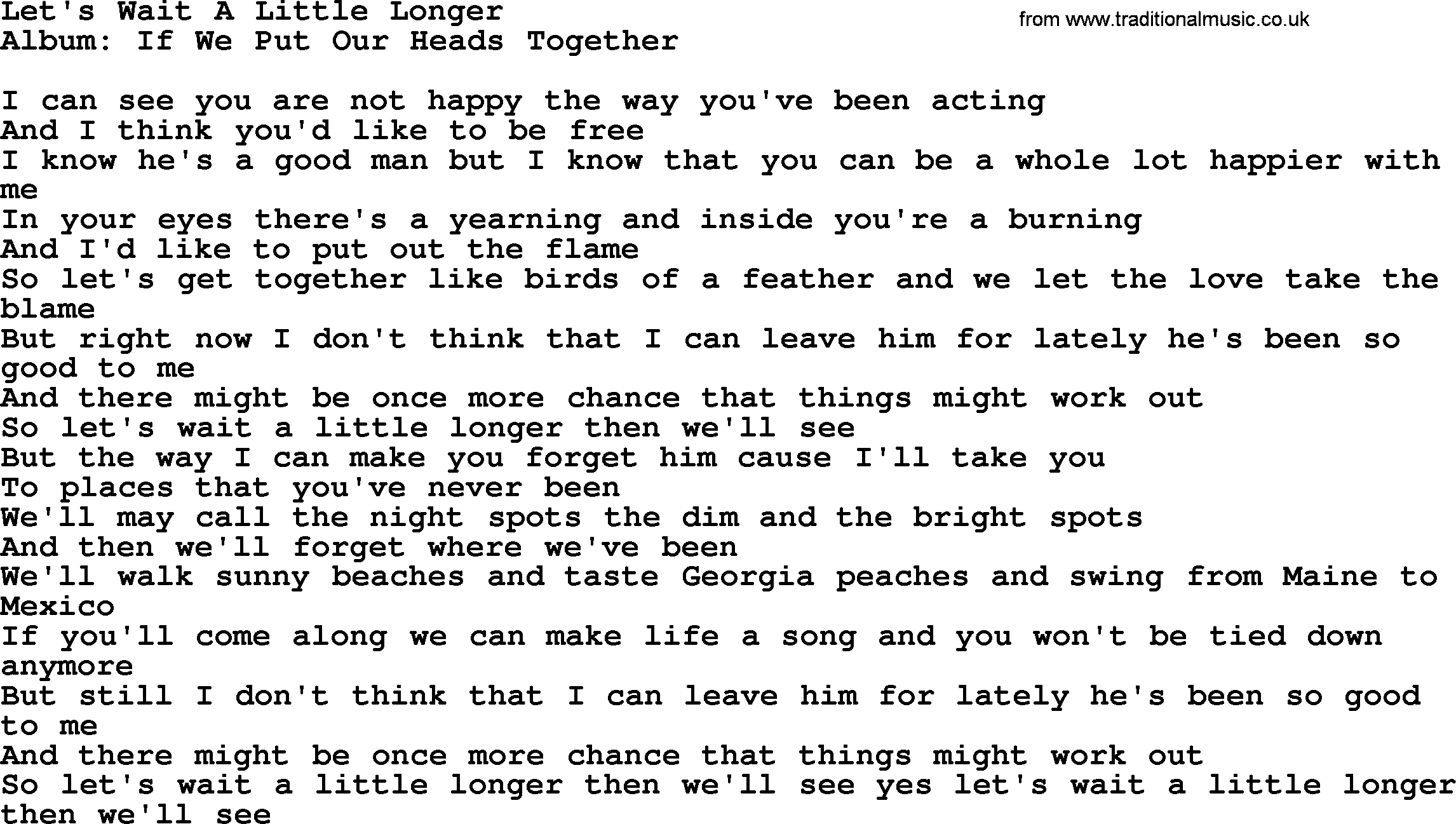 Loretta Lynn song: Let's Wait A Little Longer lyrics