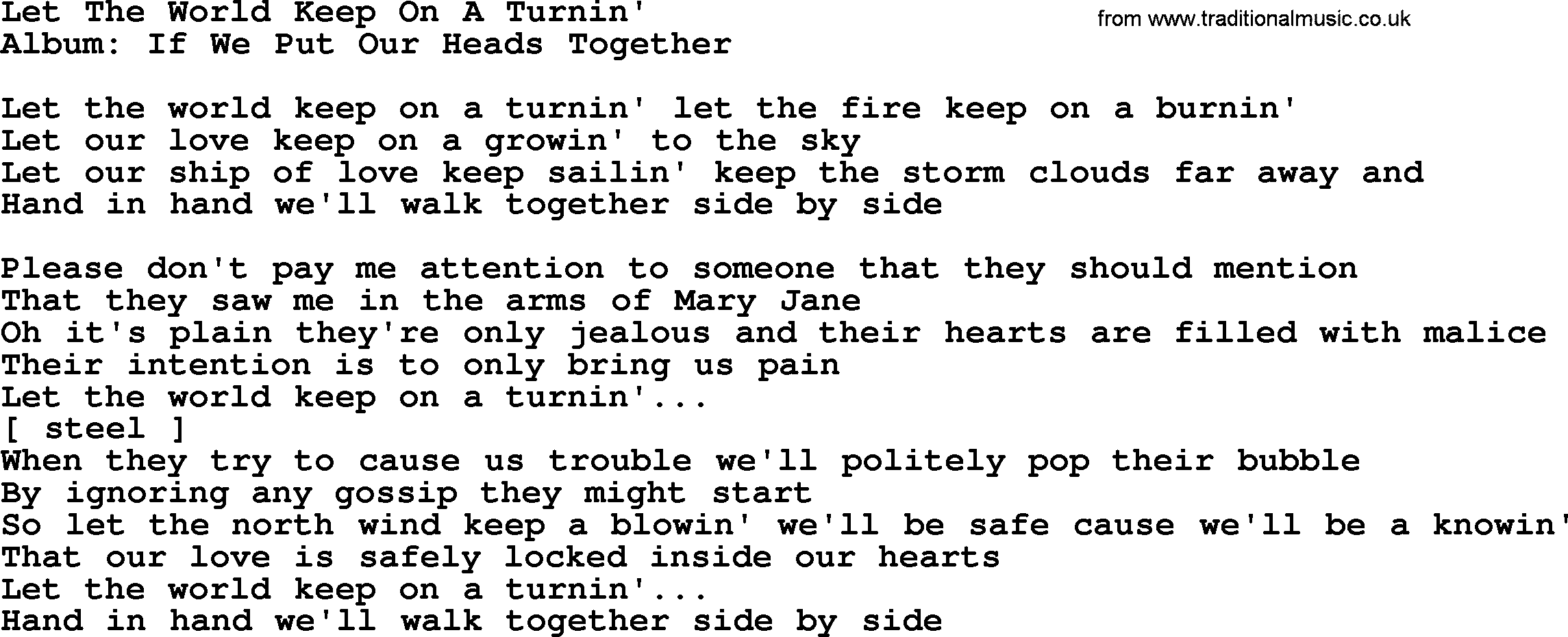 Loretta Lynn song: Let The World Keep On A Turnin' lyrics