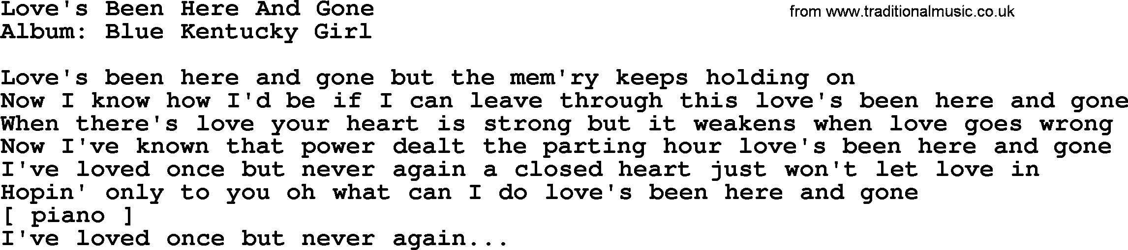 Loretta Lynn song: Love's Been Here And Gone lyrics