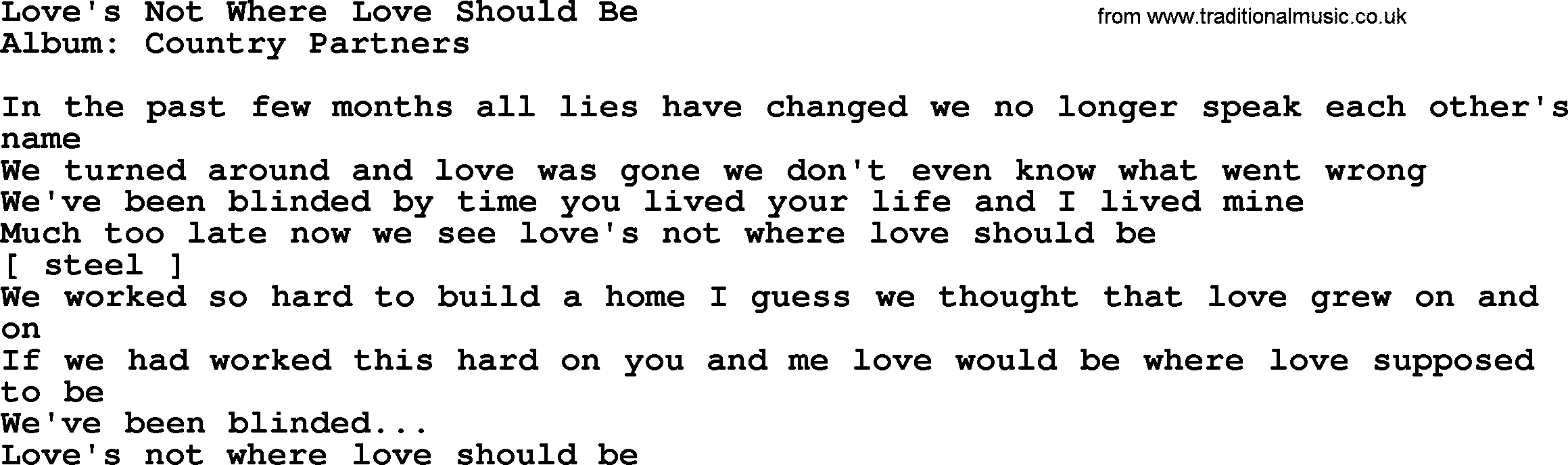 Loretta Lynn song: Love's Not Where Love Should Be lyrics