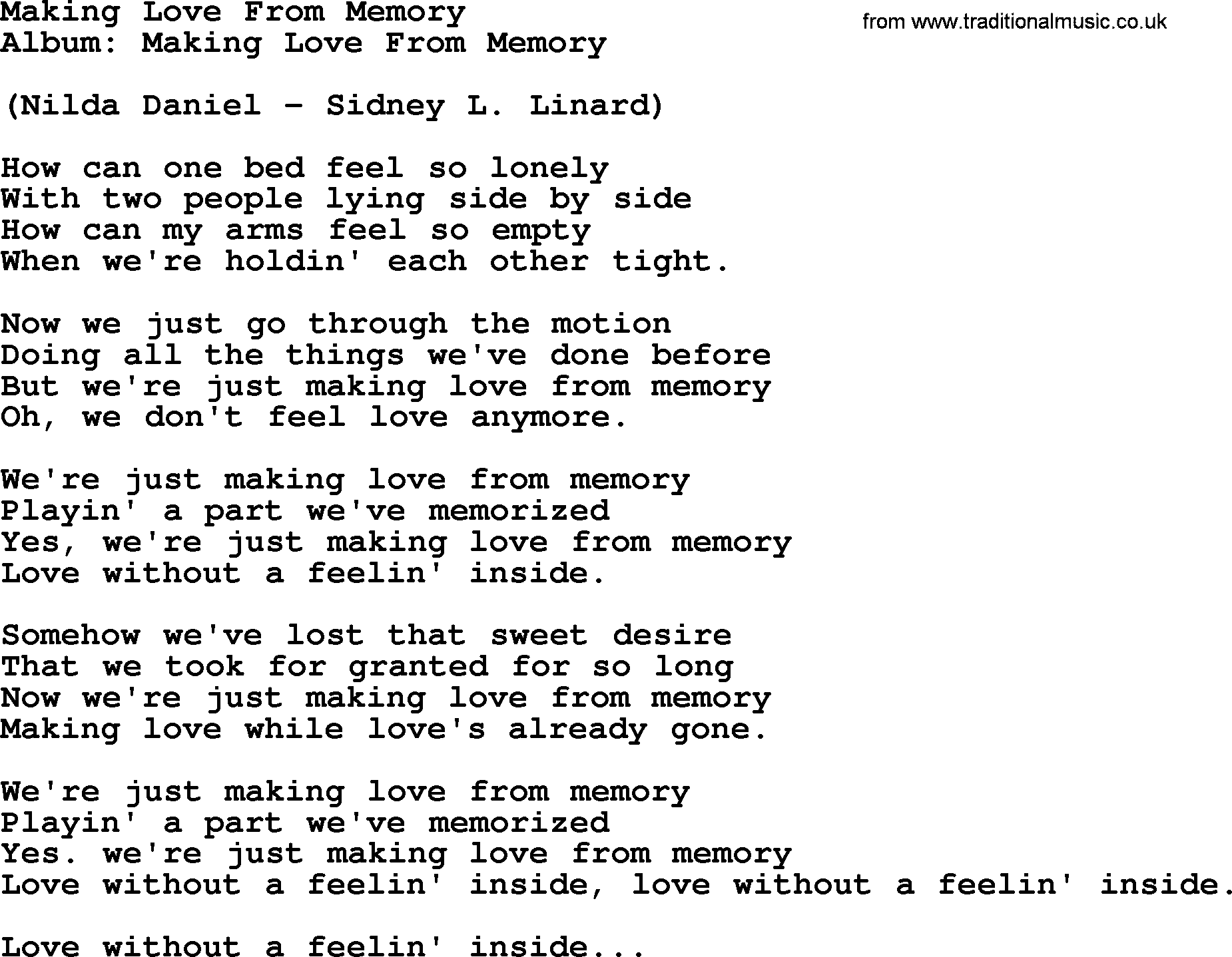 Loretta Lynn song: Making Love From Memory lyrics