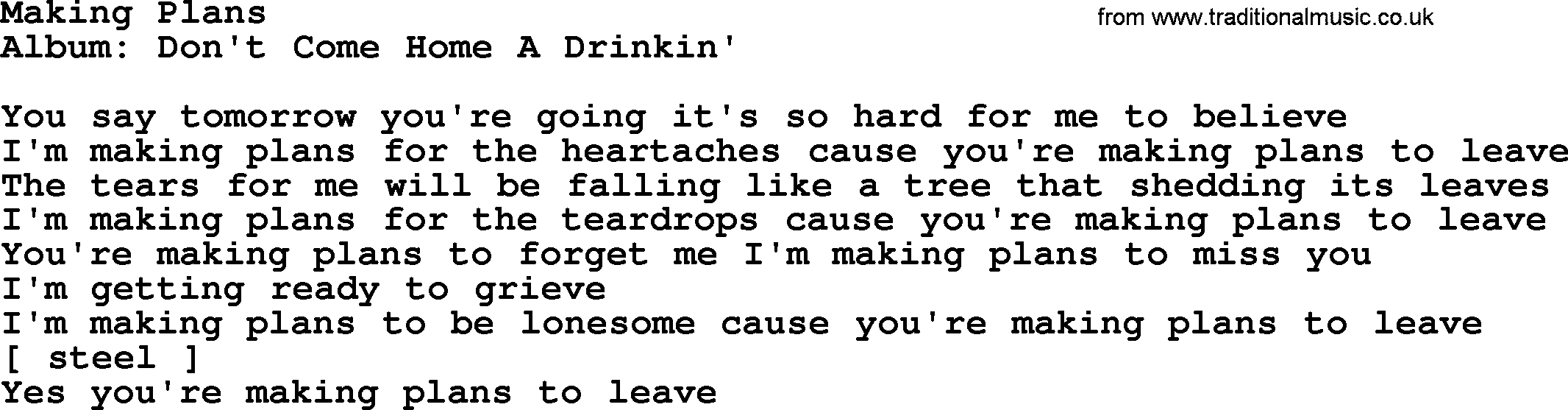 Loretta Lynn song: Making Plans lyrics
