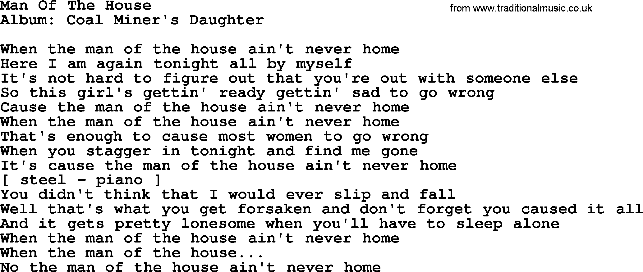 Loretta Lynn song: Man Of The House lyrics