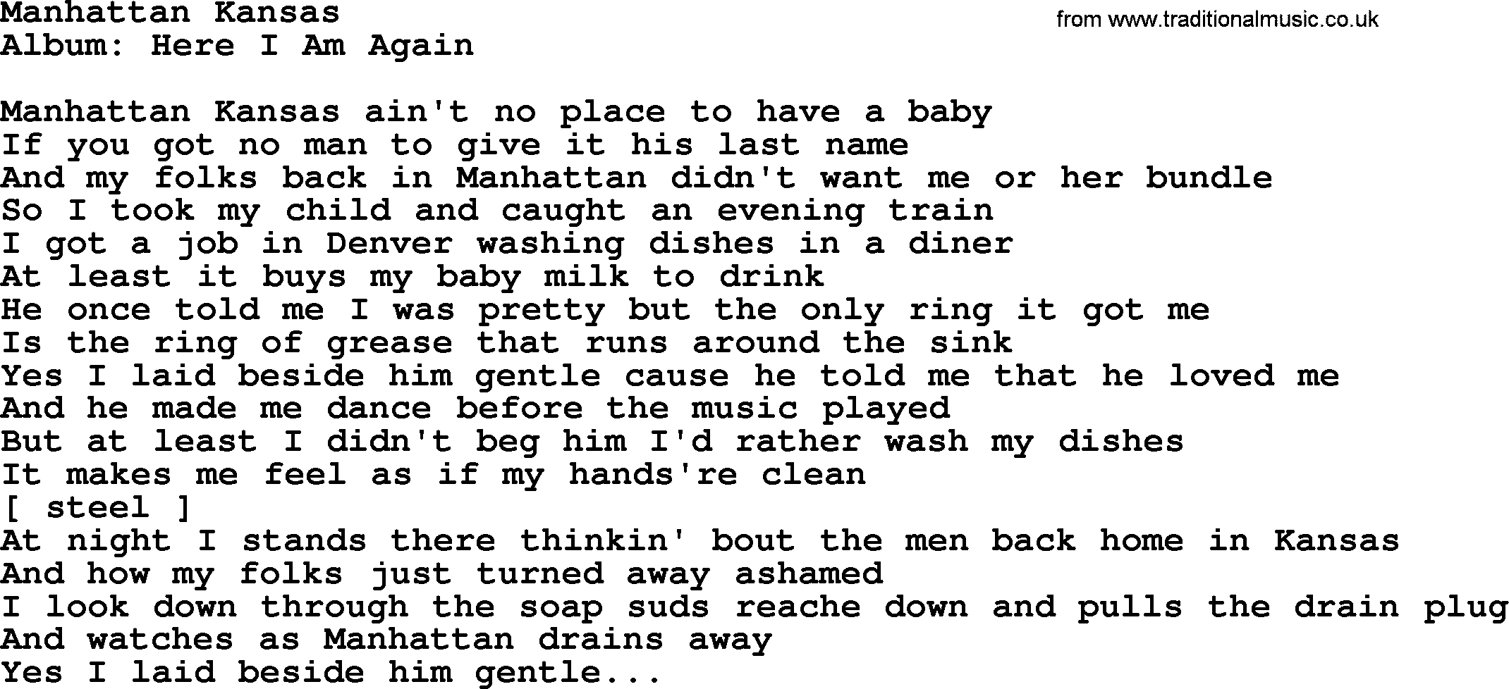 Loretta Lynn song: Manhattan Kansas lyrics