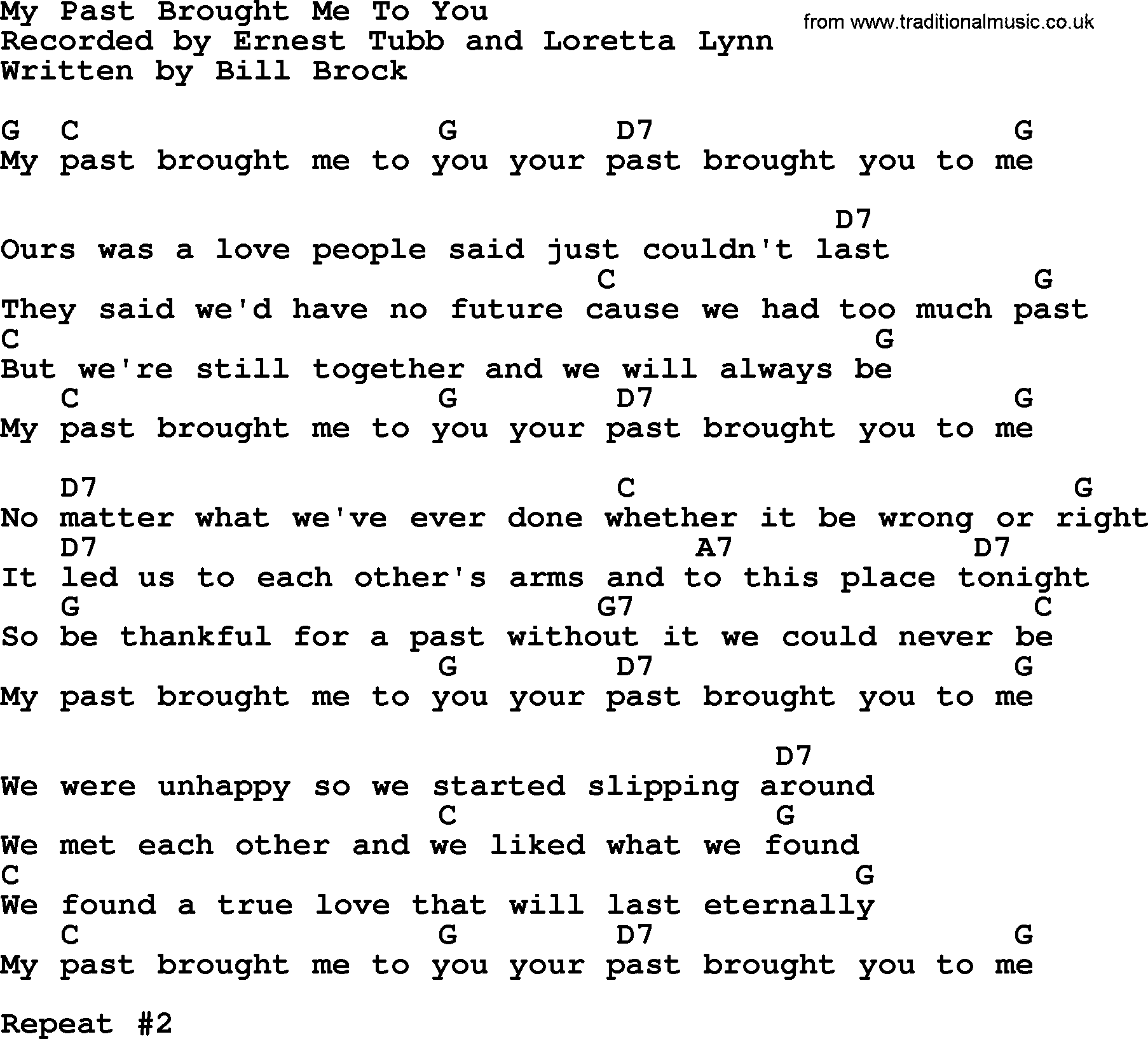 Loretta Lynn song: My Past Brought Me To You lyrics and chords