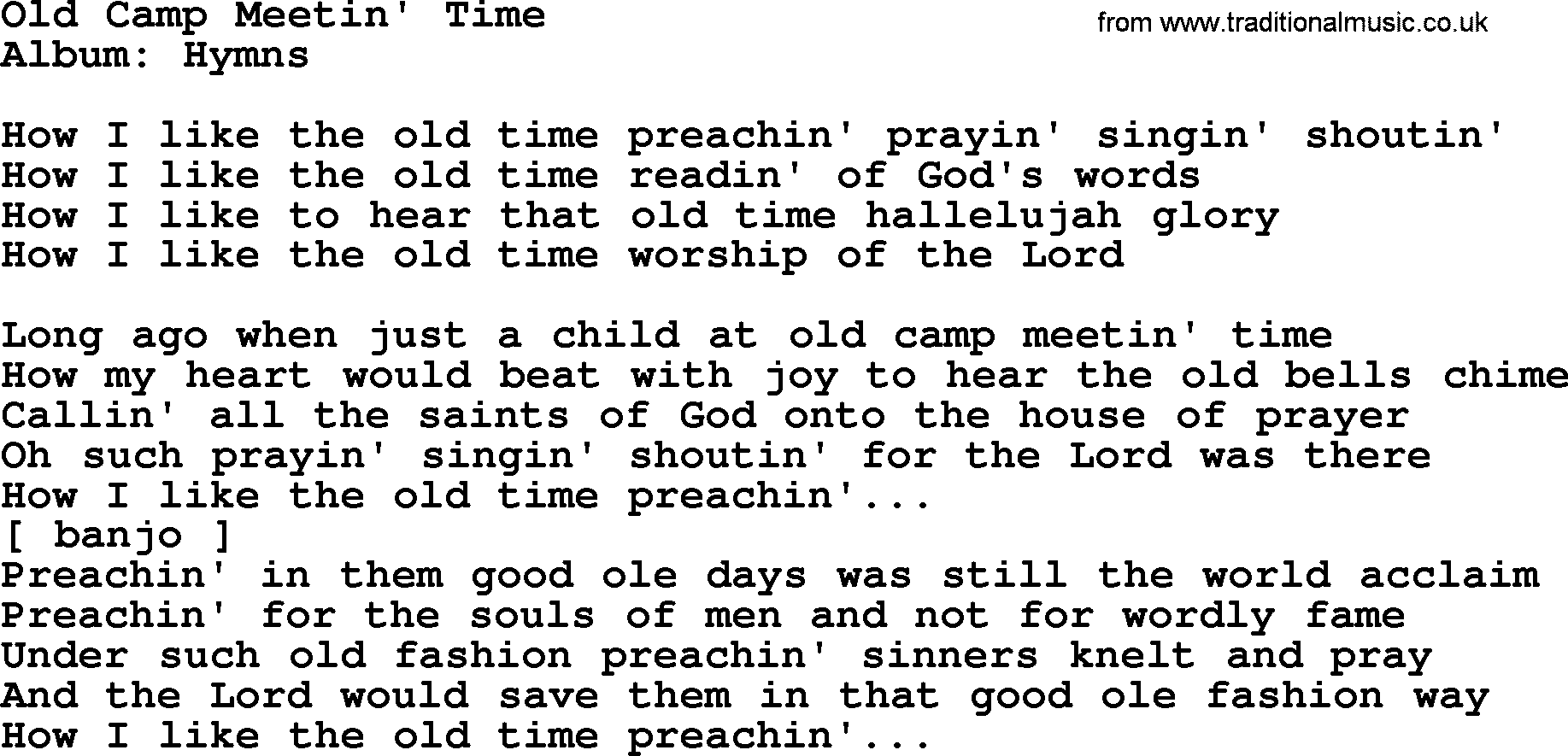 Loretta Lynn song: Old Camp Meetin' Time lyrics