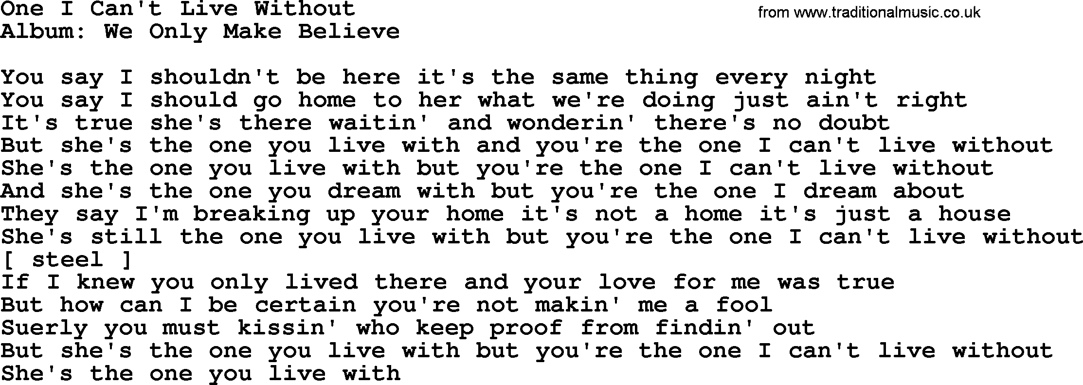 Loretta Lynn song: One I Can't Live Without lyrics