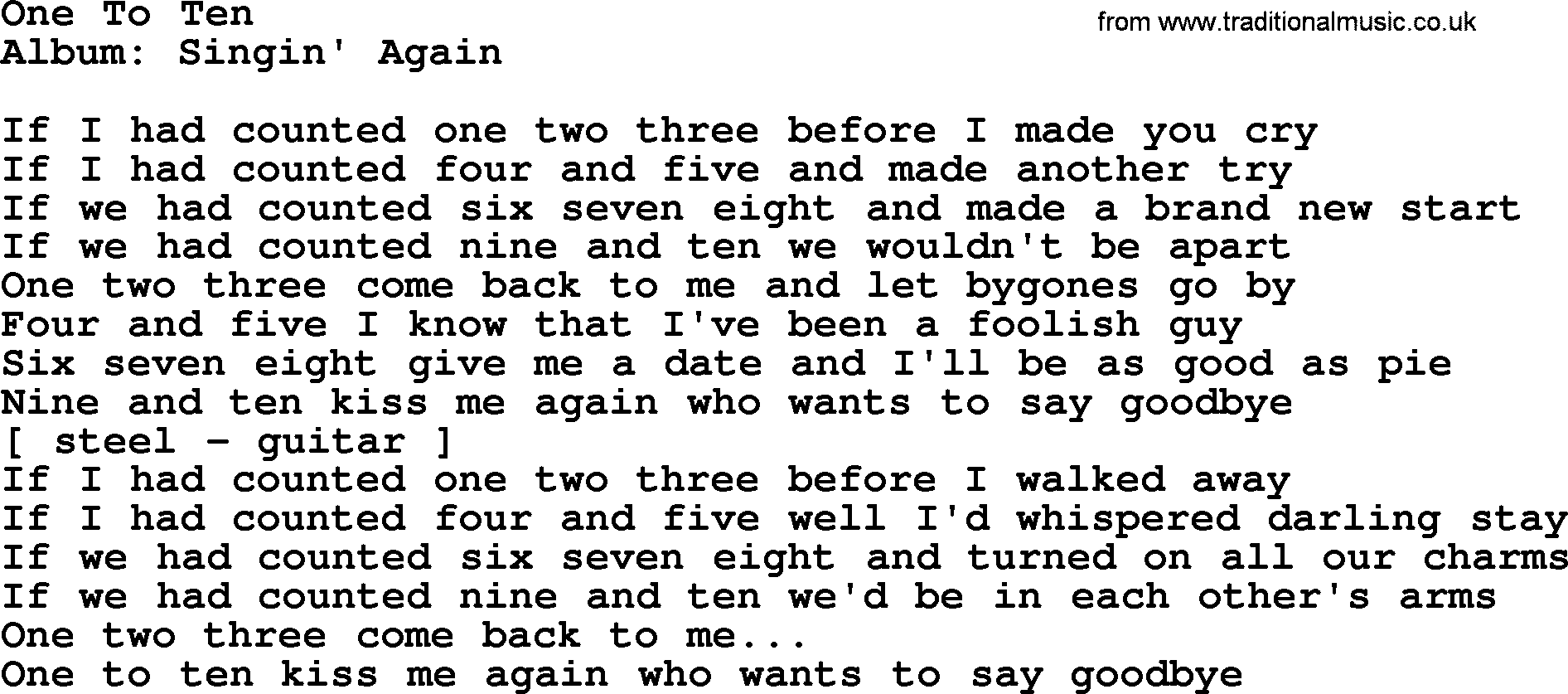 Loretta Lynn song: One To Ten lyrics