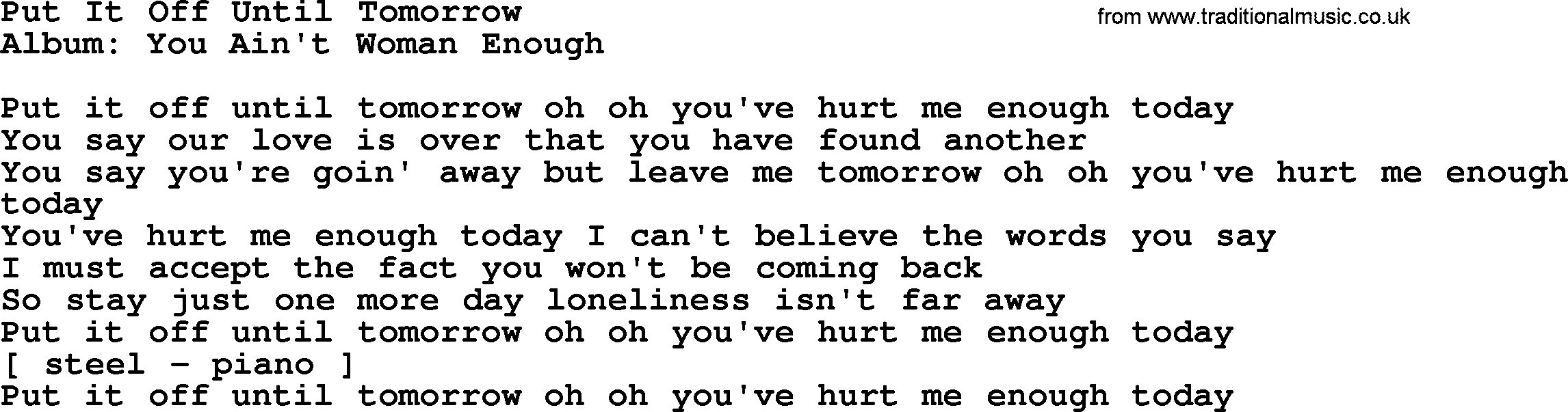 Loretta Lynn song: Put It Off Until Tomorrow lyrics