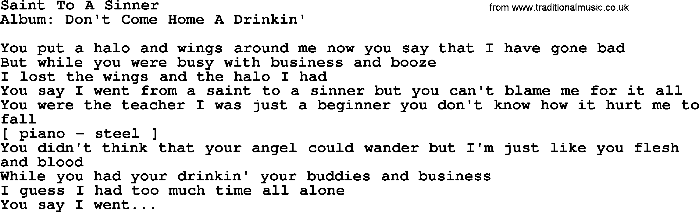 Loretta Lynn song: Saint To A Sinner lyrics