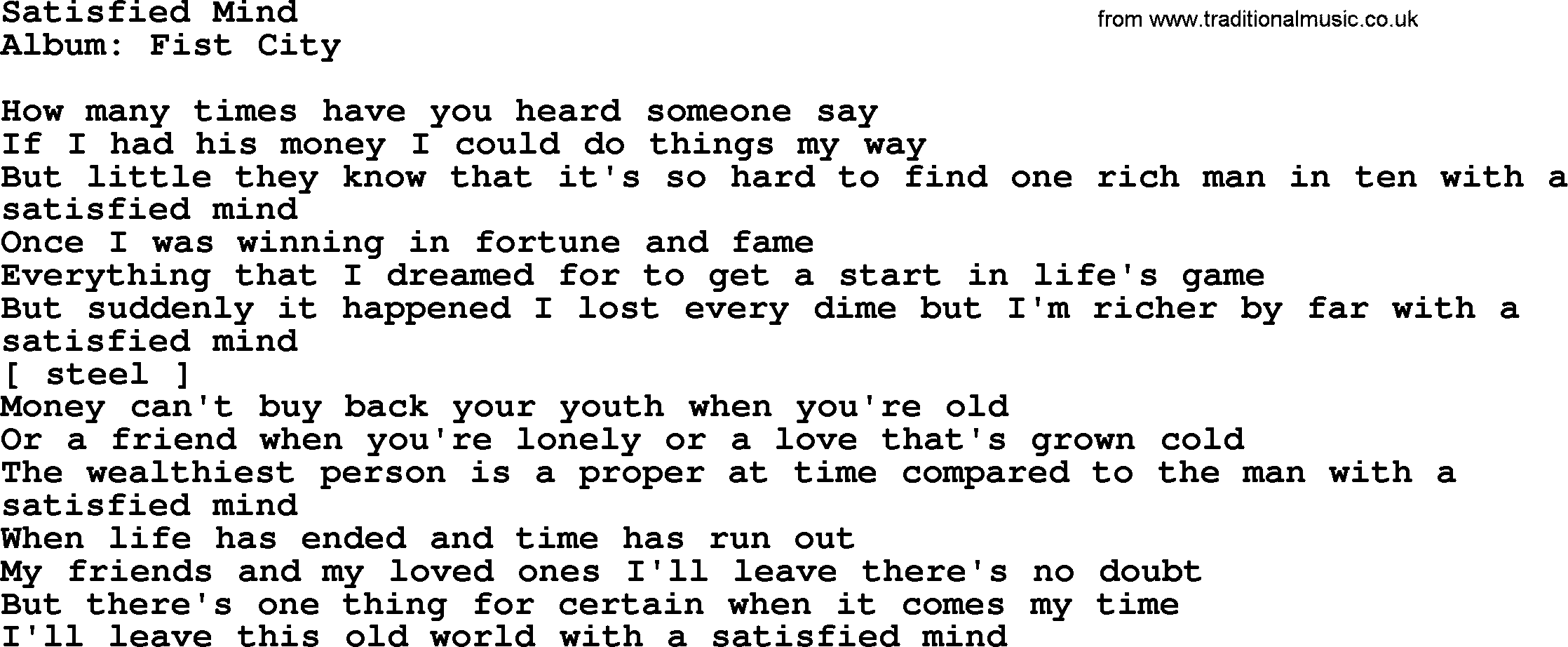 Loretta Lynn song: Satisfied Mind lyrics