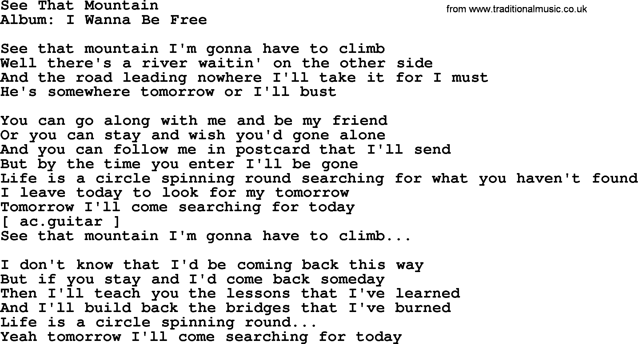 Loretta Lynn song: See That Mountain lyrics