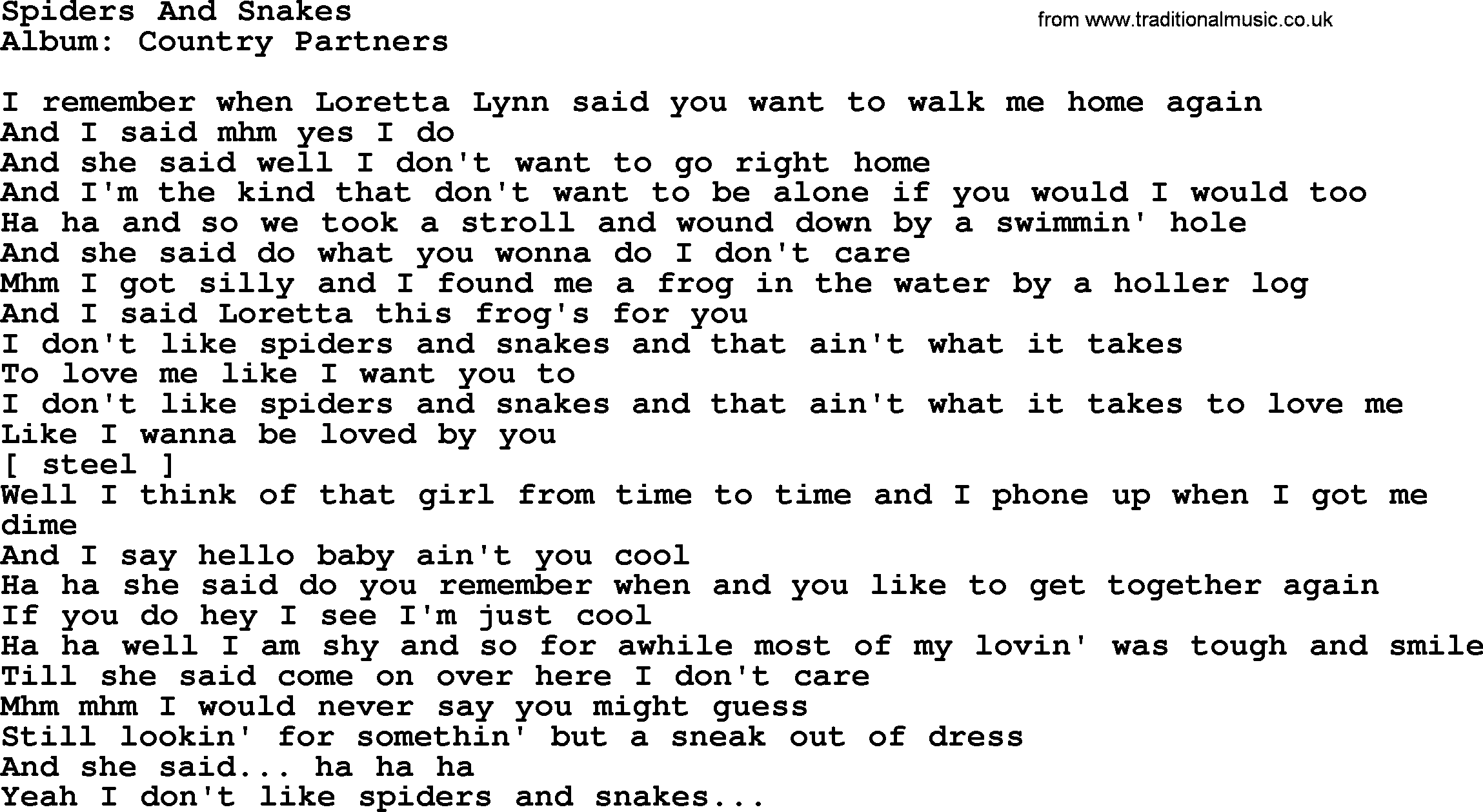 Loretta Lynn song: Spiders And Snakes lyrics