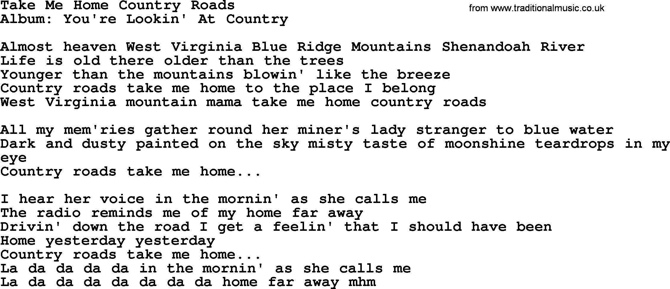 Loretta Lynn song: Take Me Home Country Roads lyrics