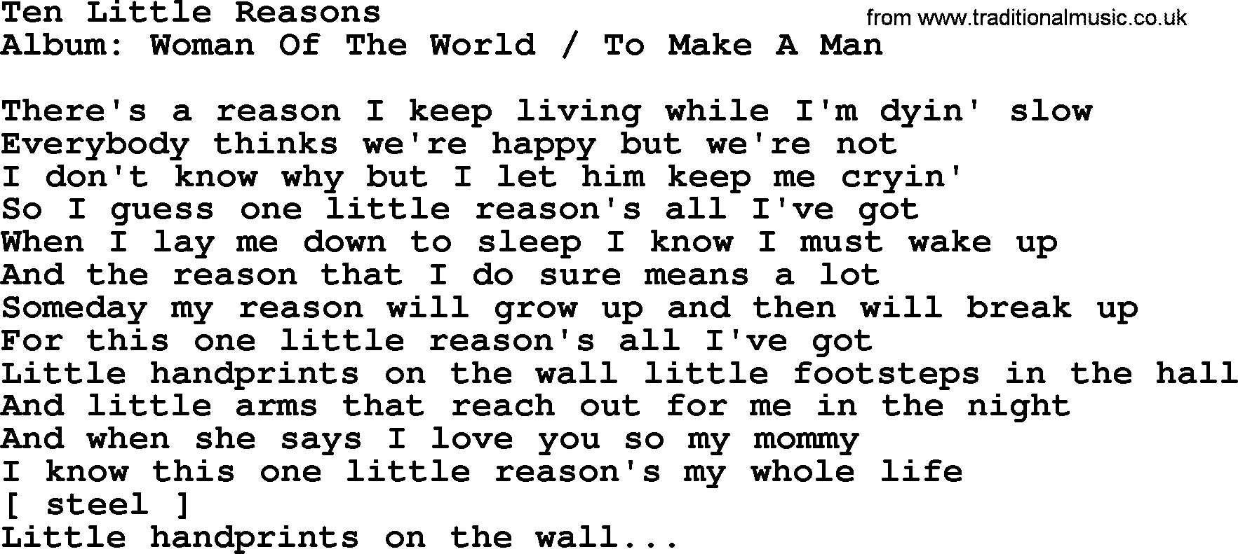 Loretta Lynn song: Ten Little Reasons lyrics