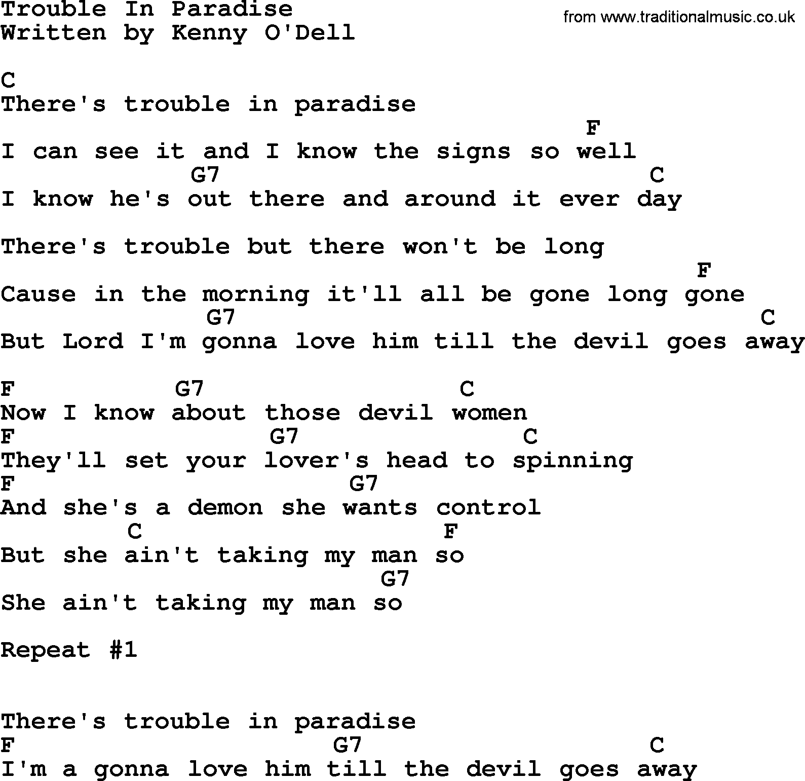 Loretta Lynn song: Trouble In Paradise lyrics and chords