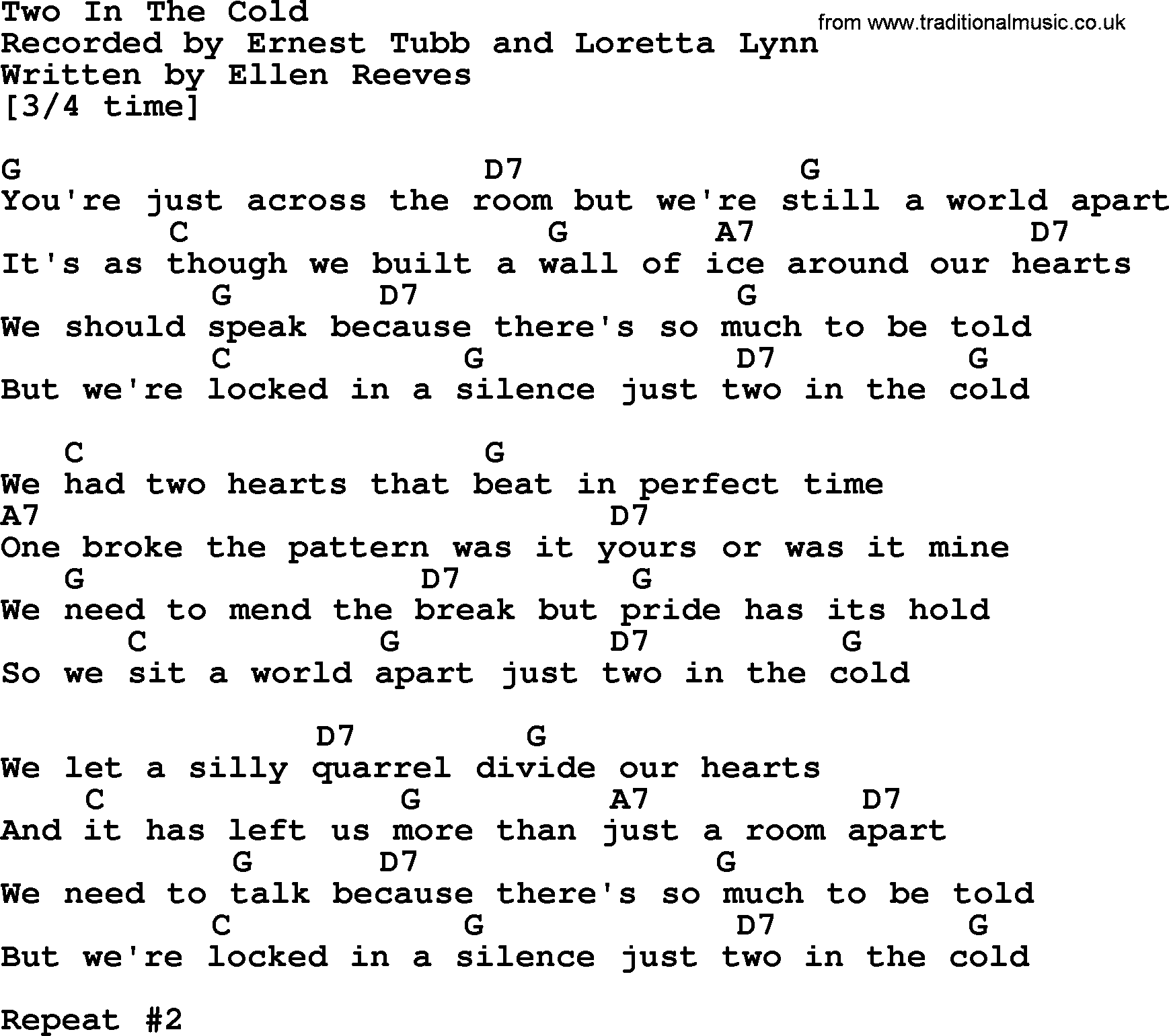 Loretta Lynn song: Two In The Cold lyrics and chords