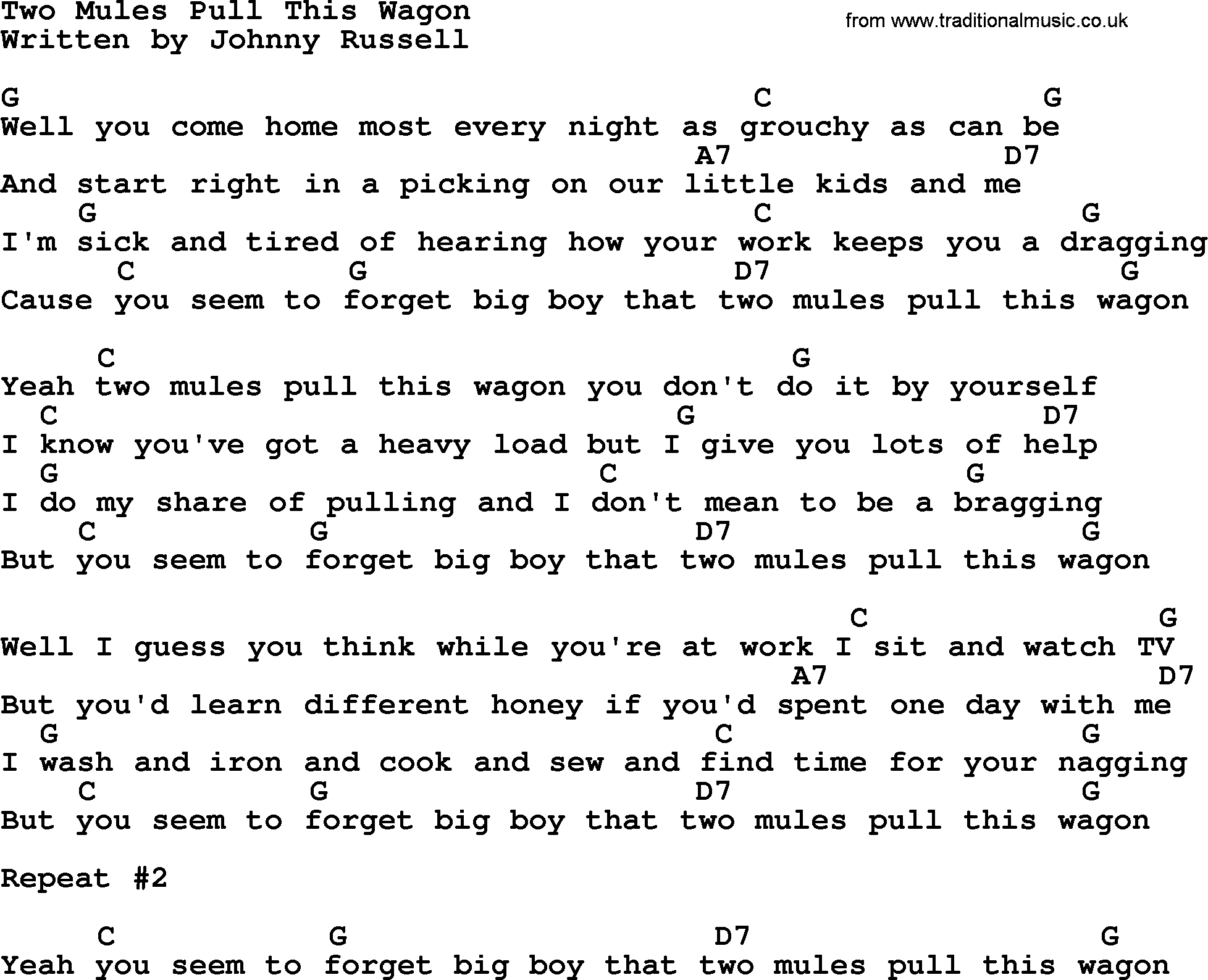Loretta Lynn song: Two Mules Pull This Wagon lyrics and chords