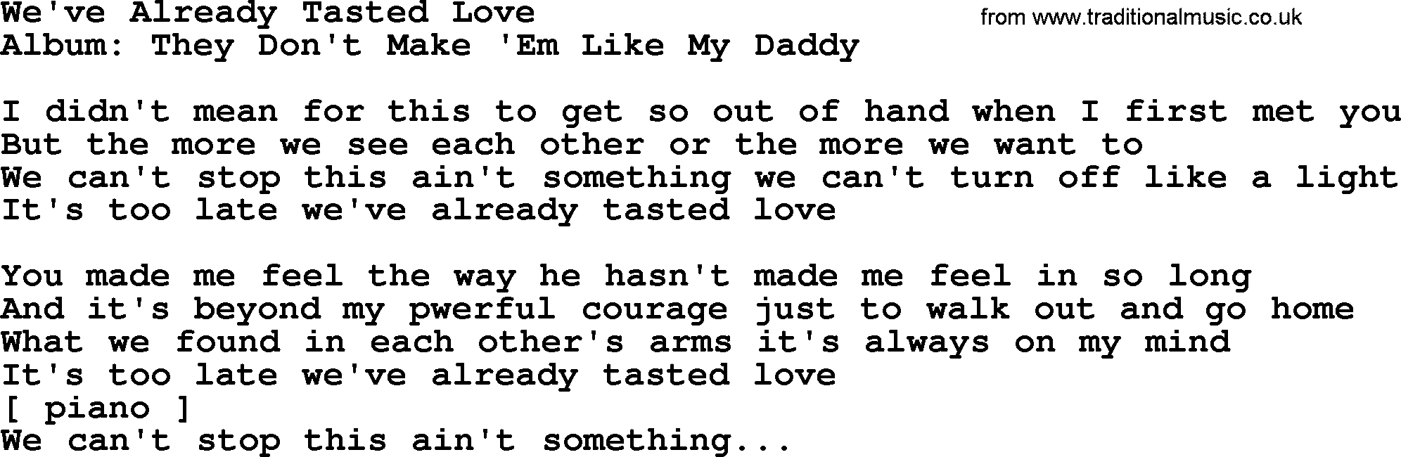 Loretta Lynn song: We've Already Tasted Love lyrics