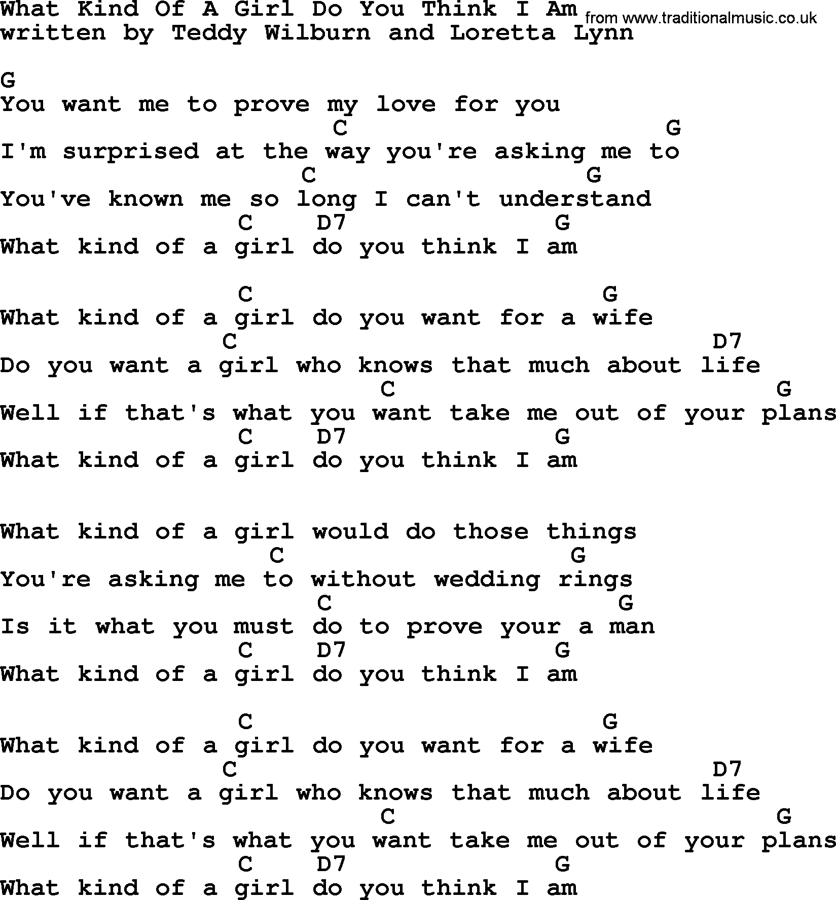 Loretta Lynn song: What Kind Of A Girl Do You Think I Am lyrics and chords