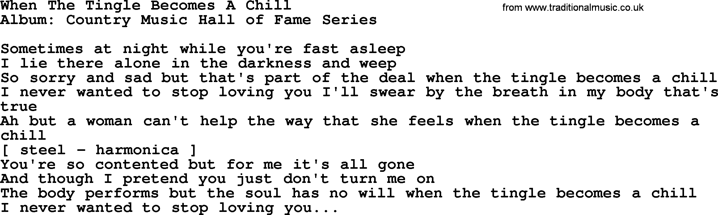Loretta Lynn song: When The Tingle Becomes A Chill lyrics