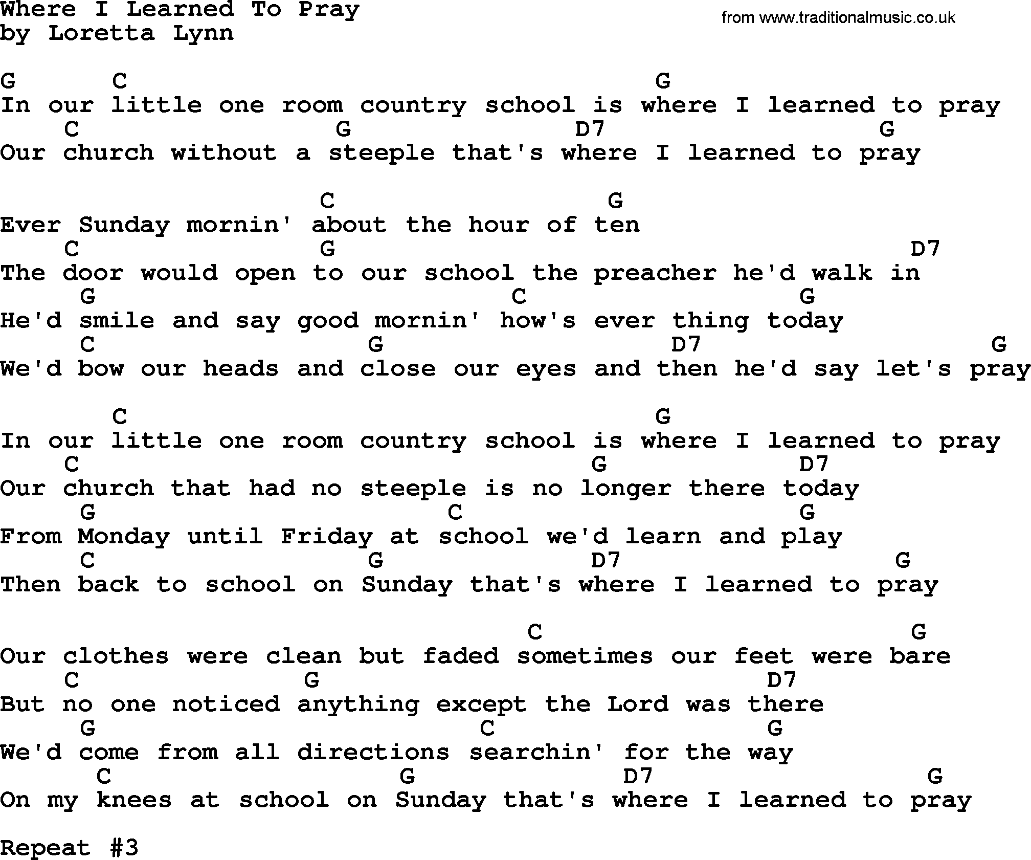 Loretta Lynn song: Where I Learned To Pray lyrics and chords