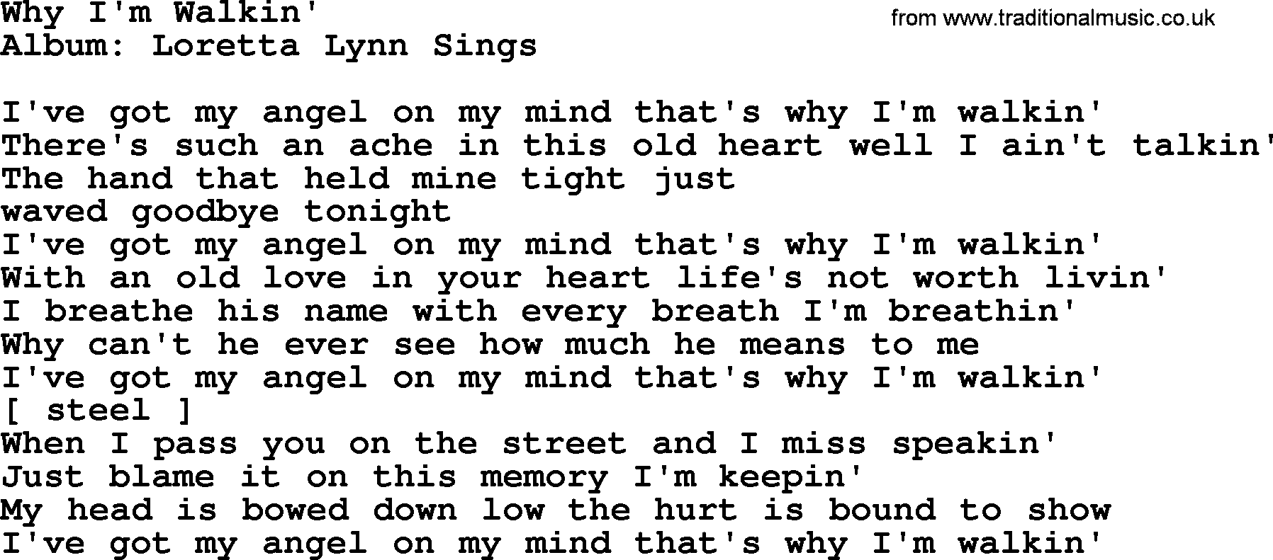 Loretta Lynn song: Why I'm Walkin' lyrics