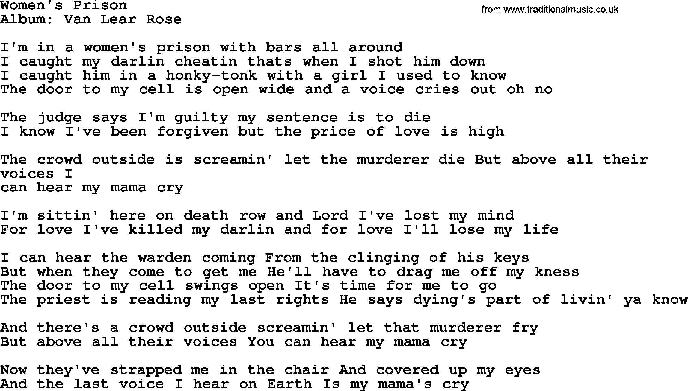 Loretta Lynn song: Women's Prison lyrics